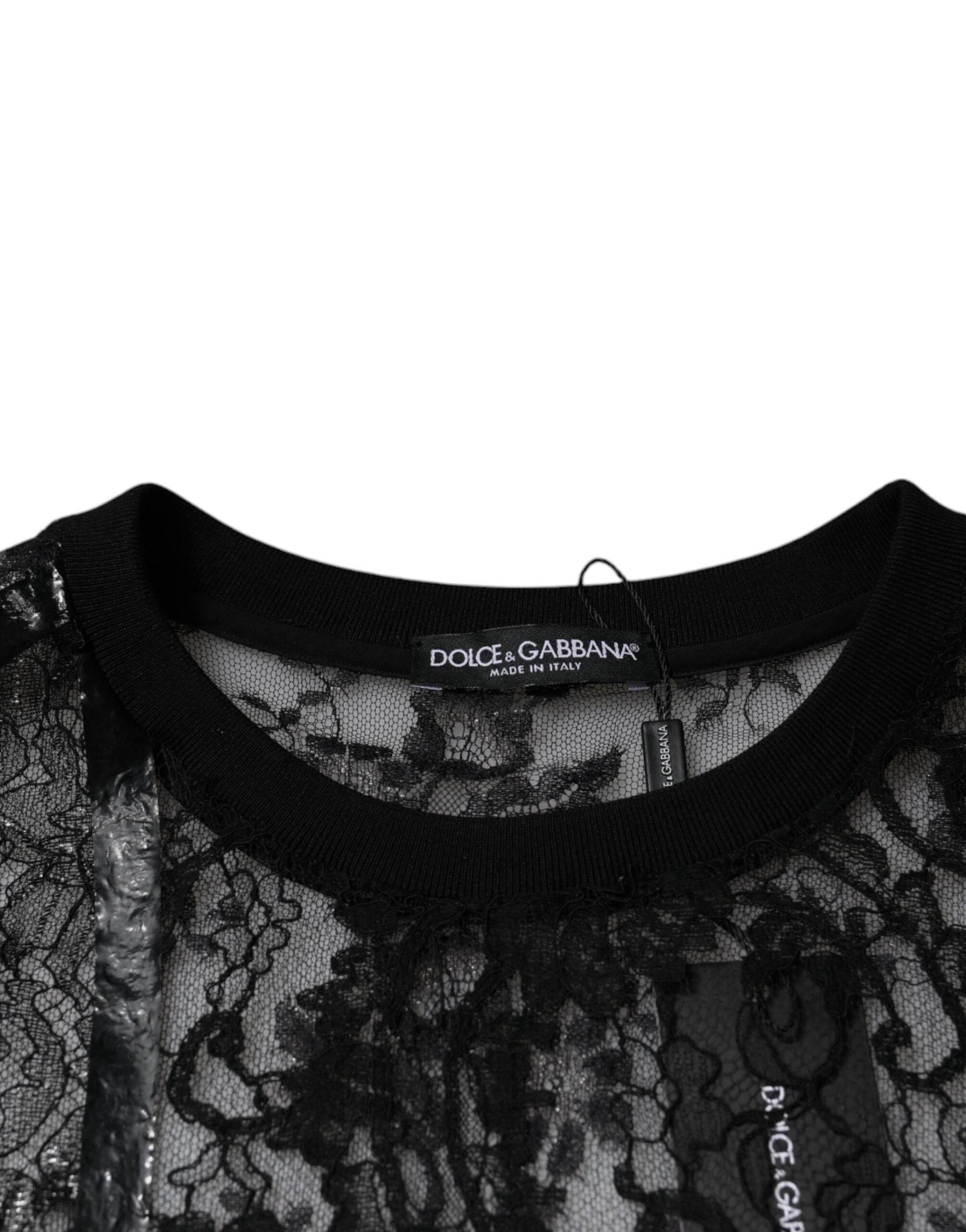 Dolce & Gabbana Black Nylon Floral Lace Crew Neck T-shirt - Hilstor