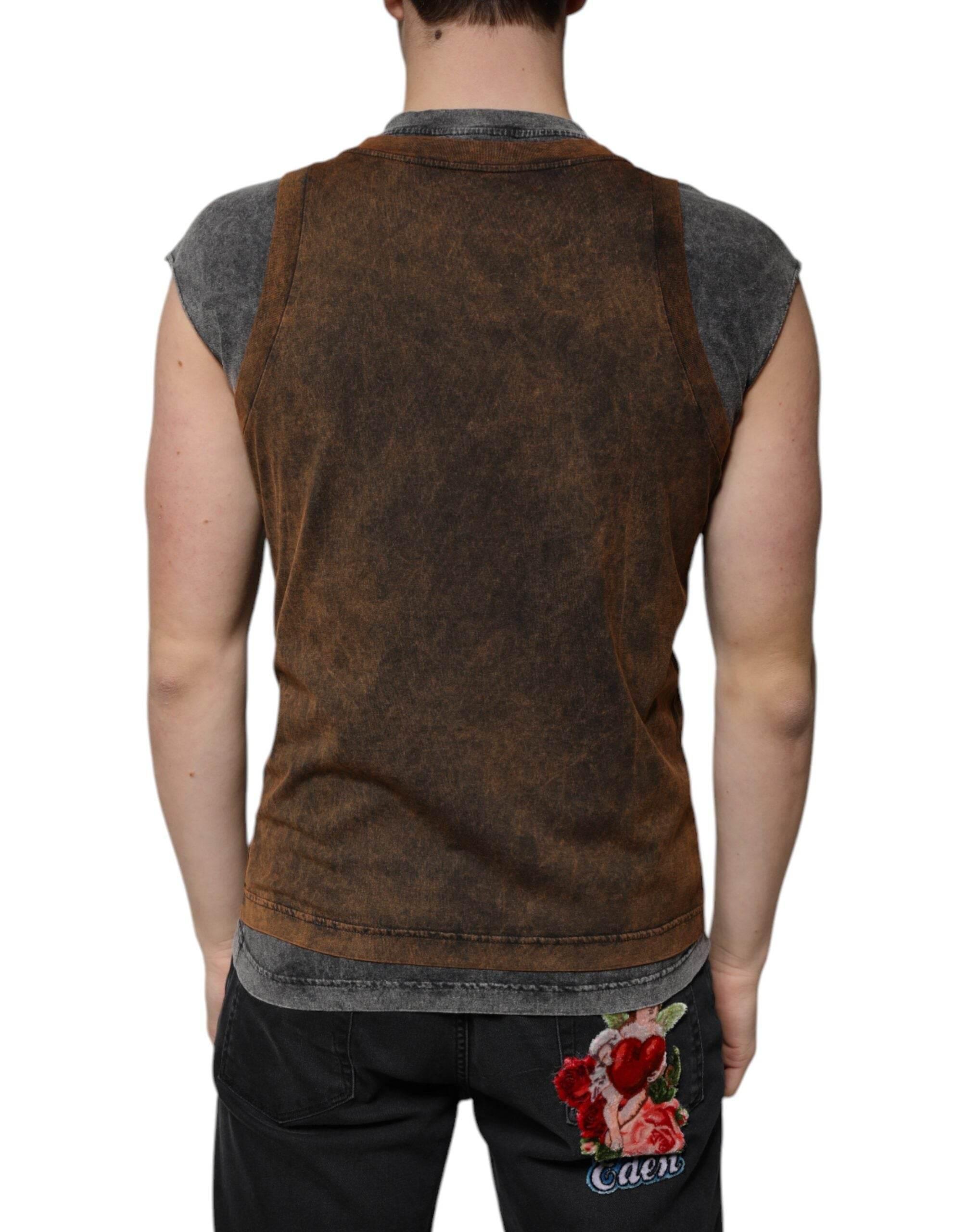 Dolce & Gabbana Brown Cotton Crew Neck Sleeveless T-shirt - Hilstor