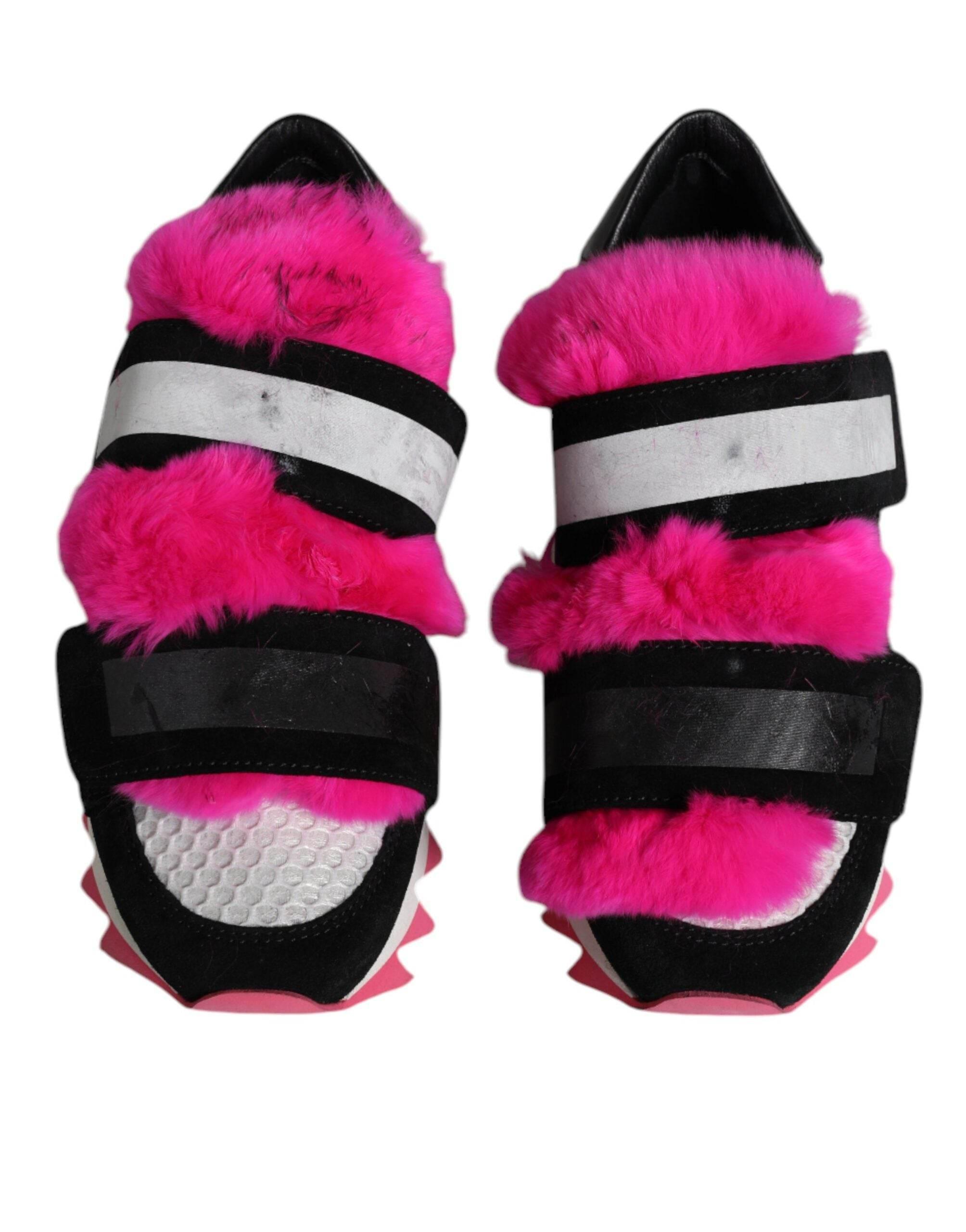 Dolce & Gabbana Black Pink Fur Embellished Sneakers Shoes - Hilstor