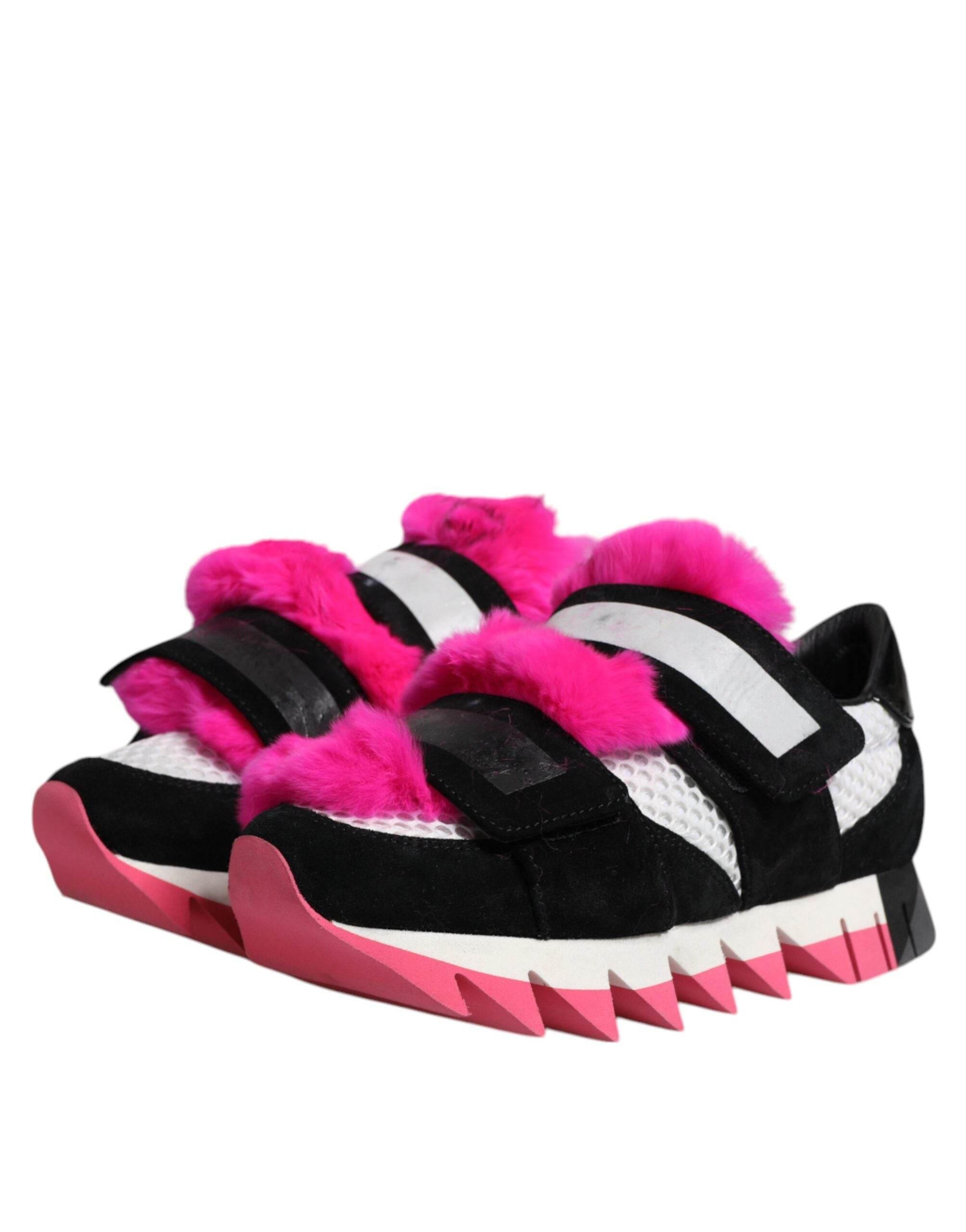 Dolce & Gabbana Black Pink Fur Embellished Sneakers Shoes - Hilstor