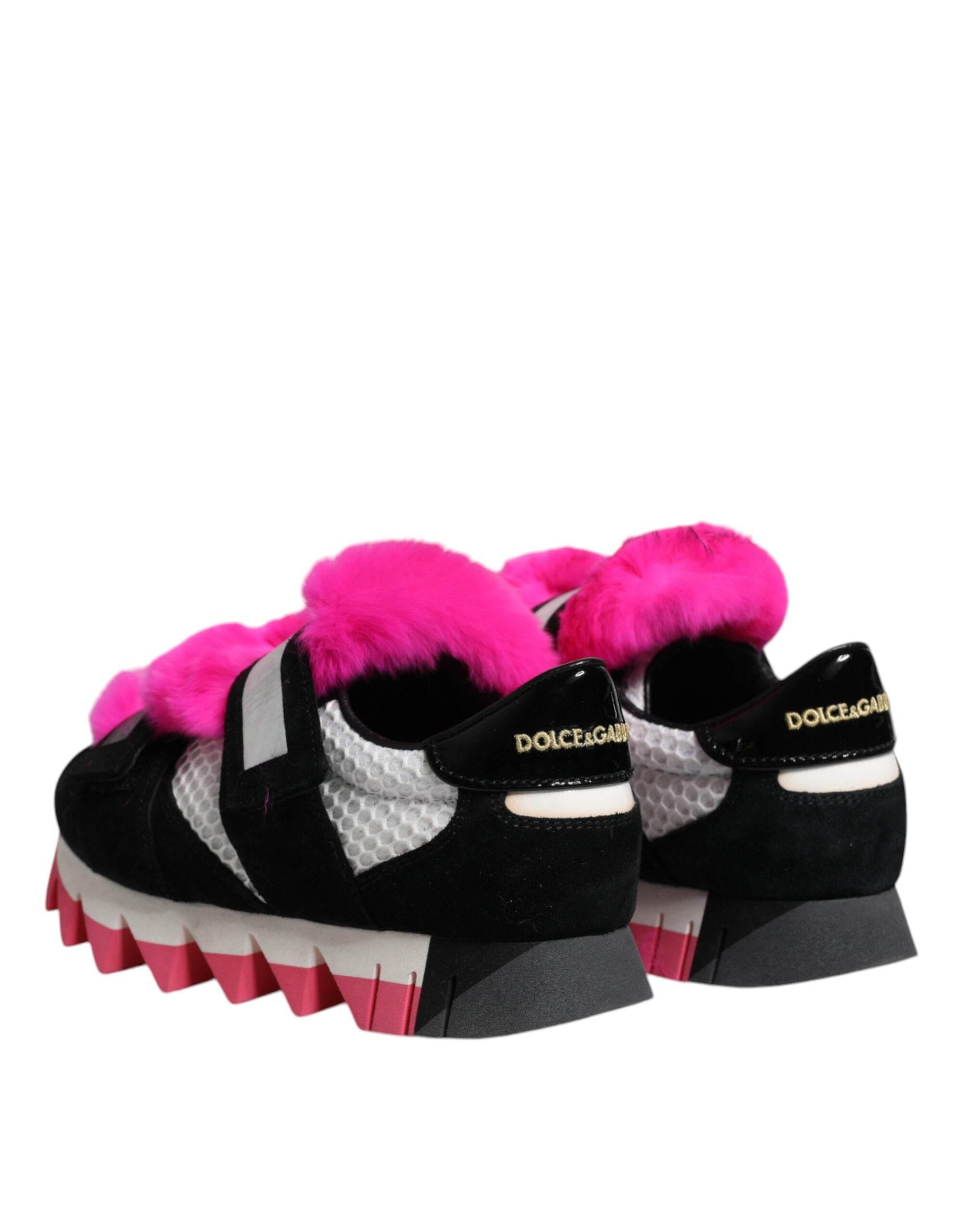 Dolce & Gabbana Black Pink Fur Embellished Sneakers Shoes - Hilstor