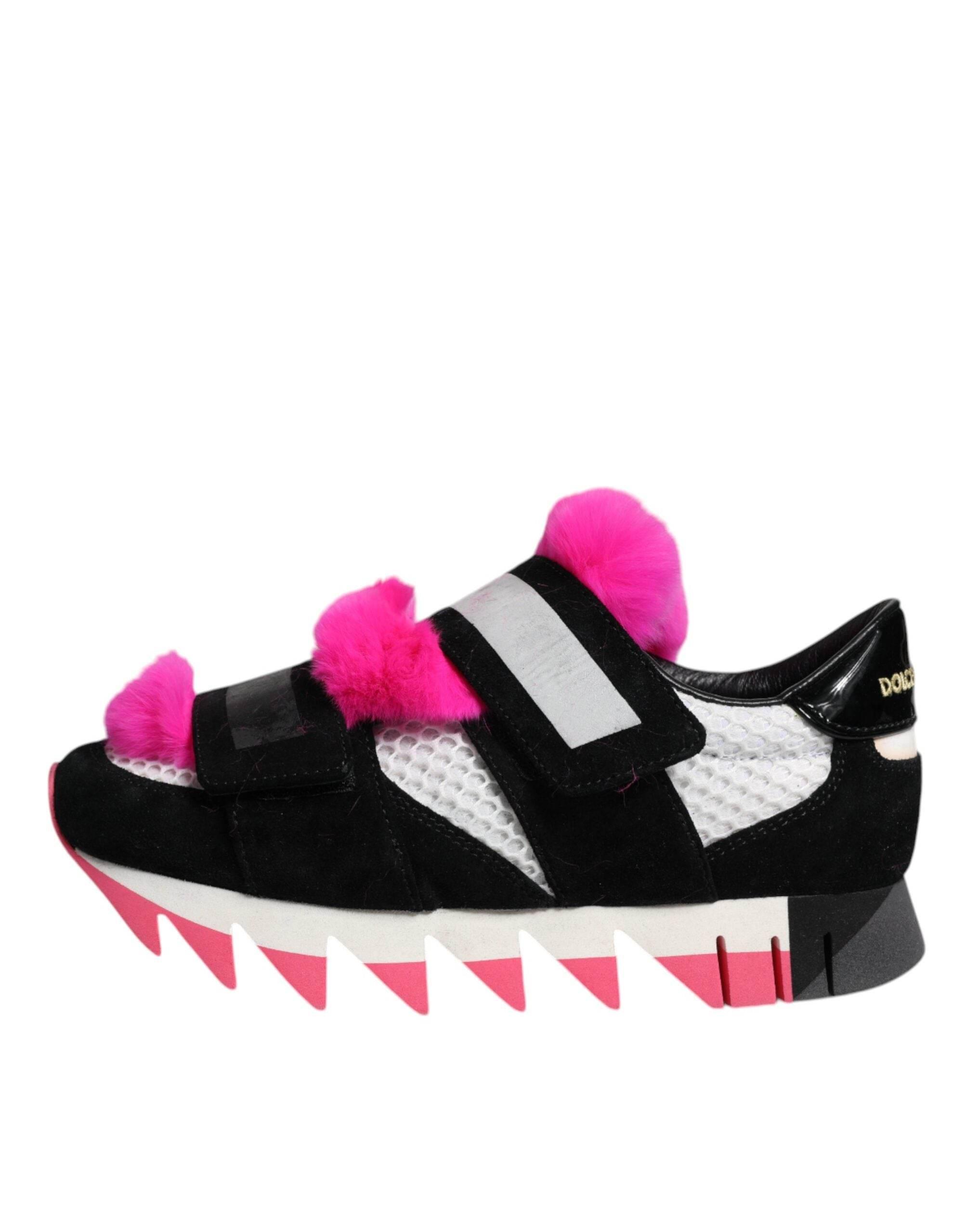 Dolce & Gabbana Black Pink Fur Embellished Sneakers Shoes - Hilstor