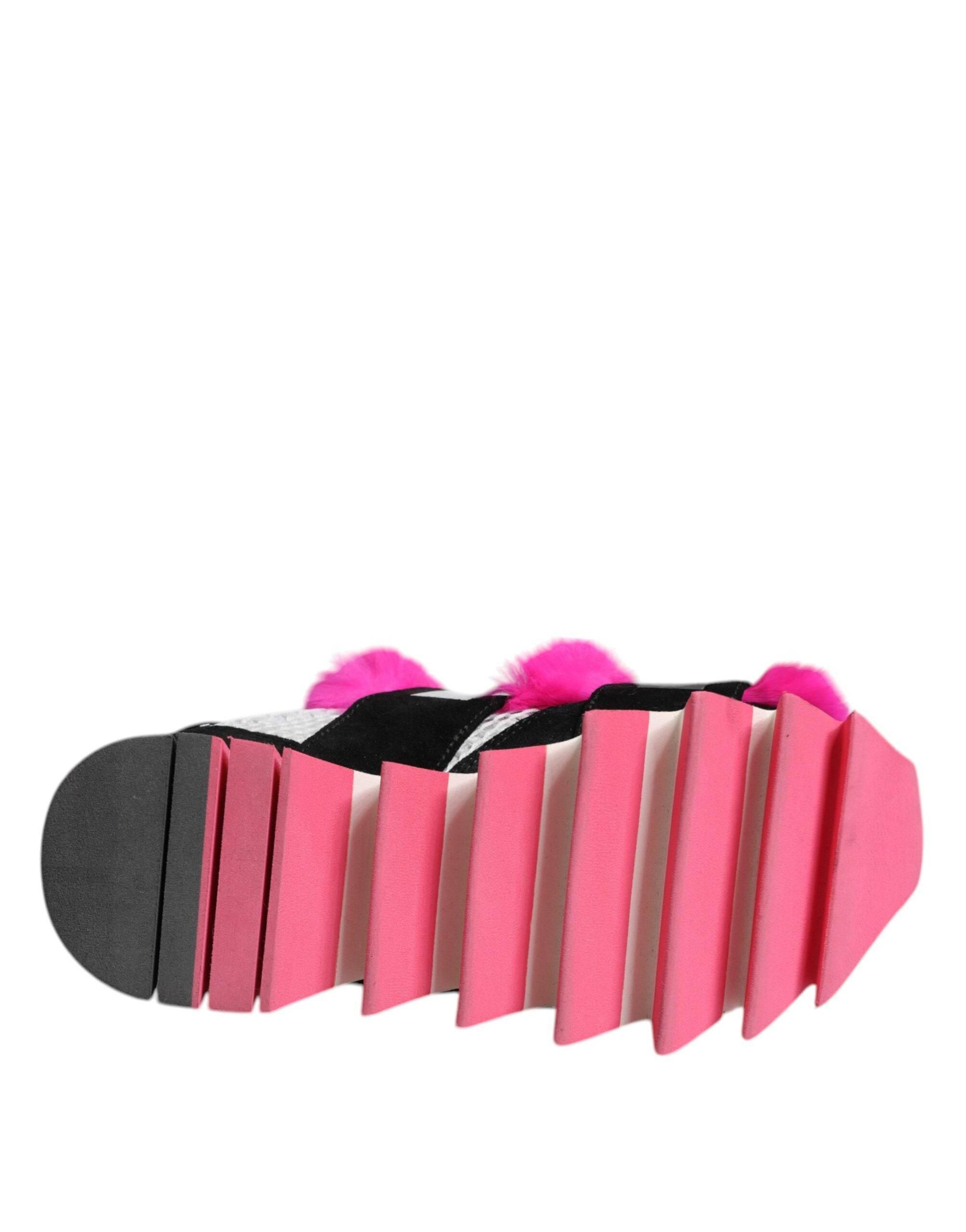 Dolce & Gabbana Black Pink Fur Embellished Sneakers Shoes - Hilstor