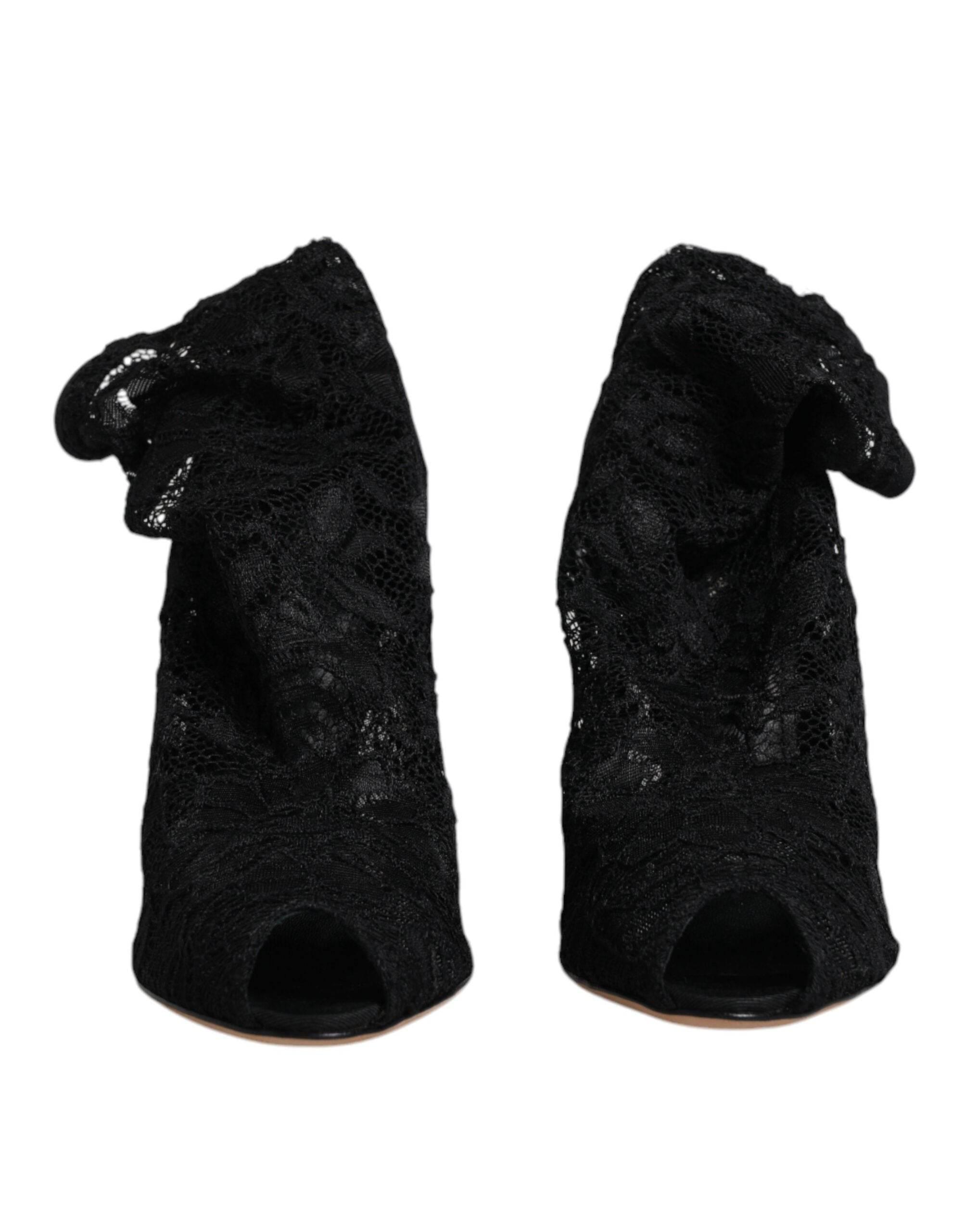 Dolce & Gabbana Black Lace Stretch Heels Mid Calf Boots Shoes - Hilstor