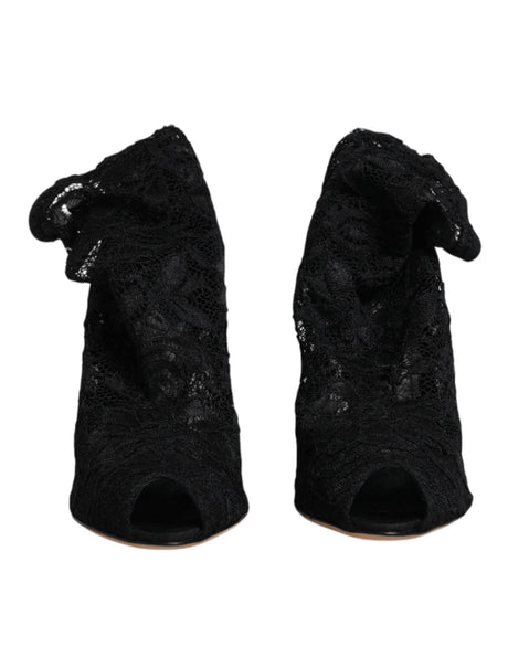 Dolce & Gabbana Black Lace Stretch Heels Mid Calf Boots Shoes - Hilstor
