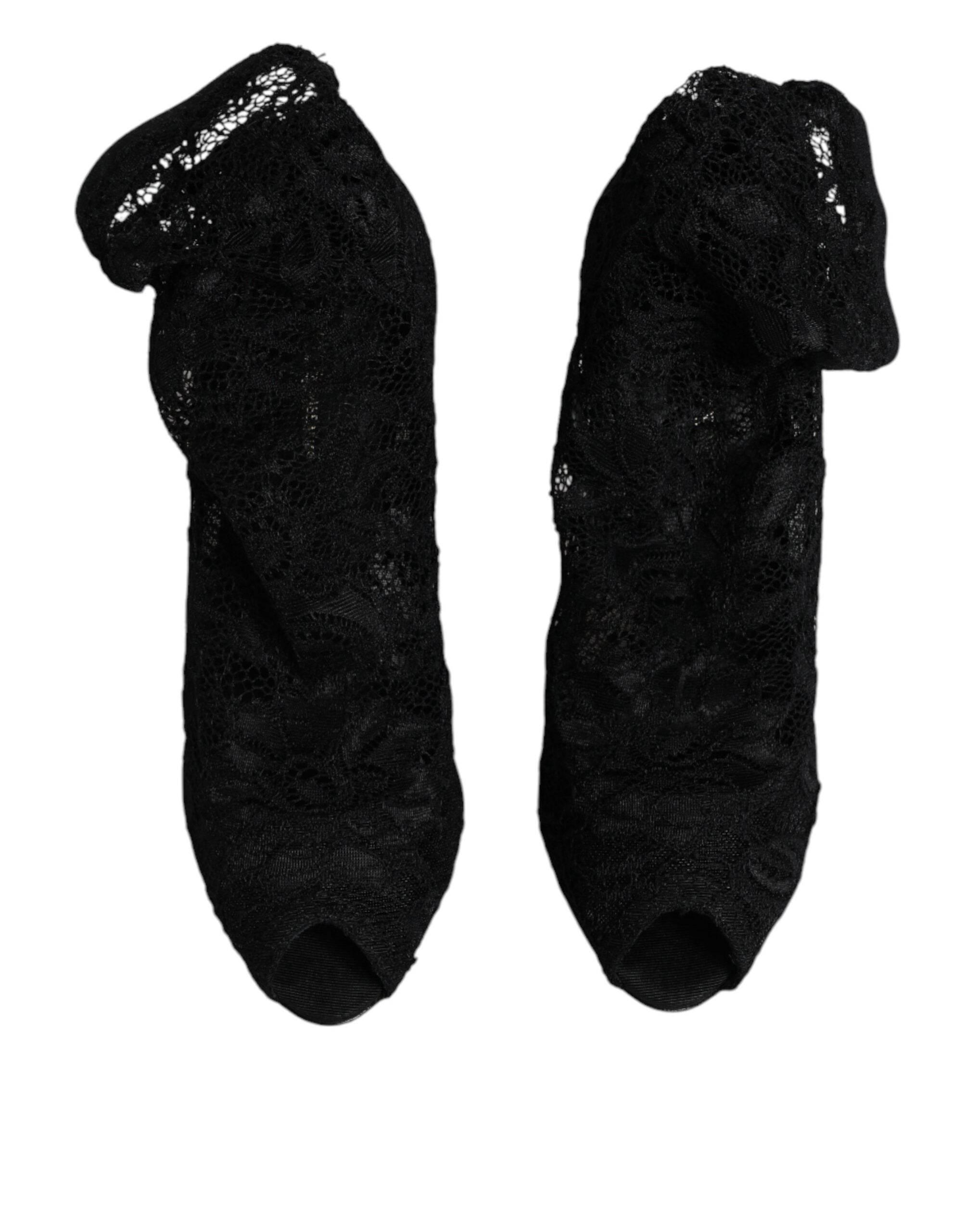 Dolce & Gabbana Black Lace Stretch Heels Mid Calf Boots Shoes - Hilstor