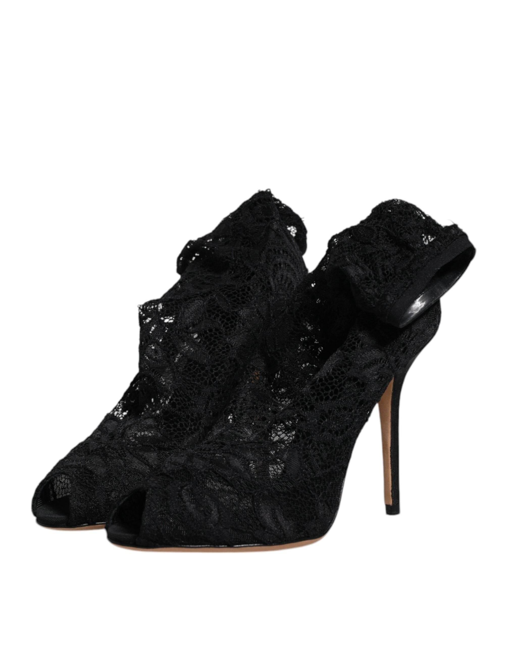 Dolce & Gabbana Black Lace Stretch Heels Mid Calf Boots Shoes - Hilstor