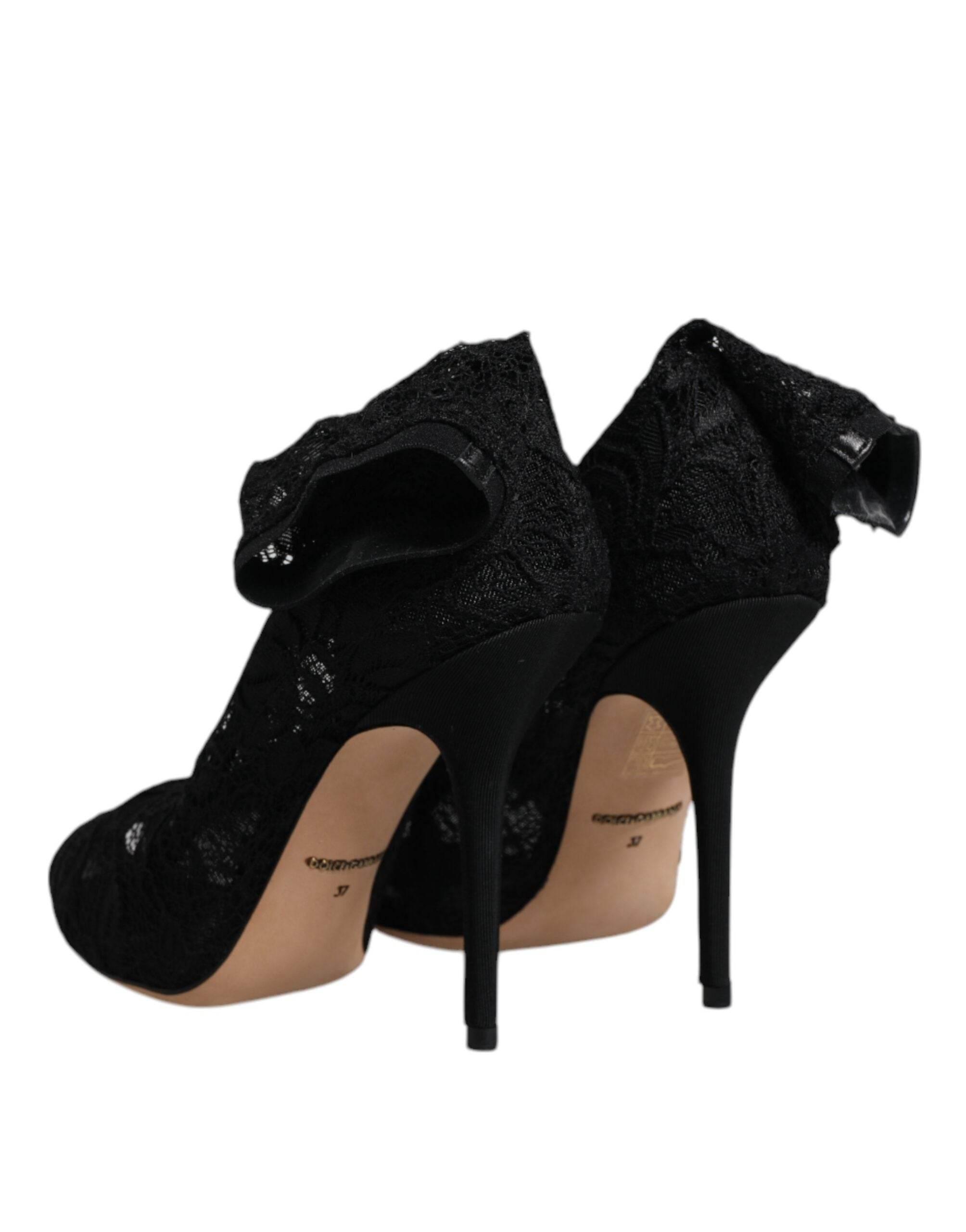 Dolce & Gabbana Black Lace Stretch Heels Mid Calf Boots Shoes - Hilstor