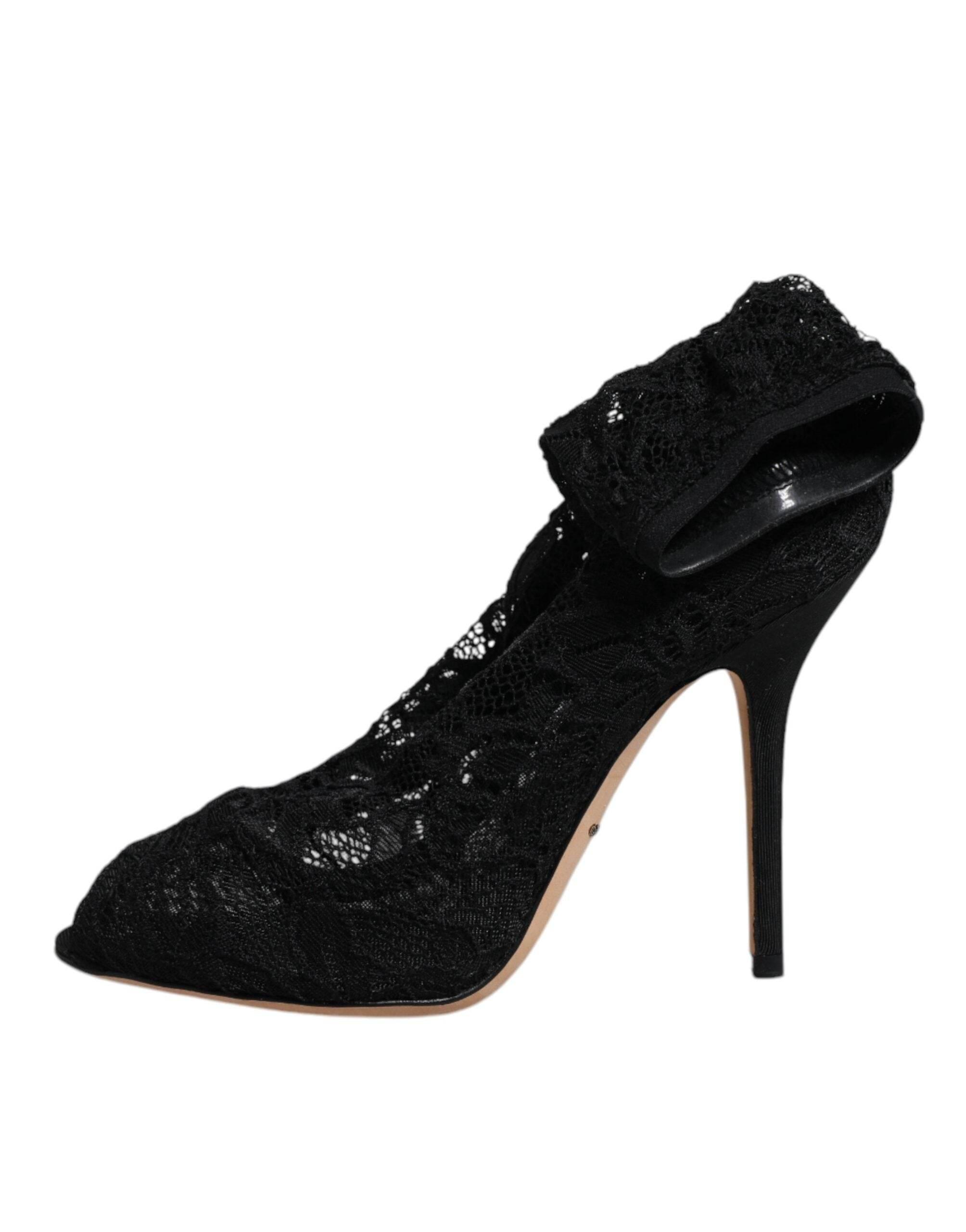 Dolce & Gabbana Black Lace Stretch Heels Mid Calf Boots Shoes - Hilstor