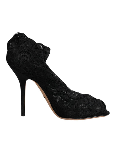 Dolce & Gabbana Black Lace Stretch Heels Mid Calf Boots Shoes - Hilstor