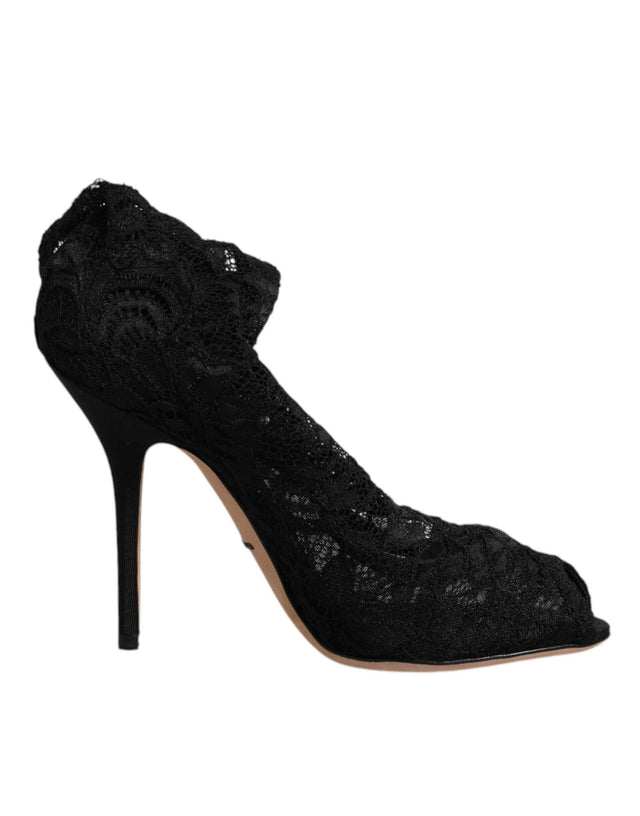 Dolce & Gabbana Black Lace Stretch Heels Mid Calf Boots Shoes - Hilstor
