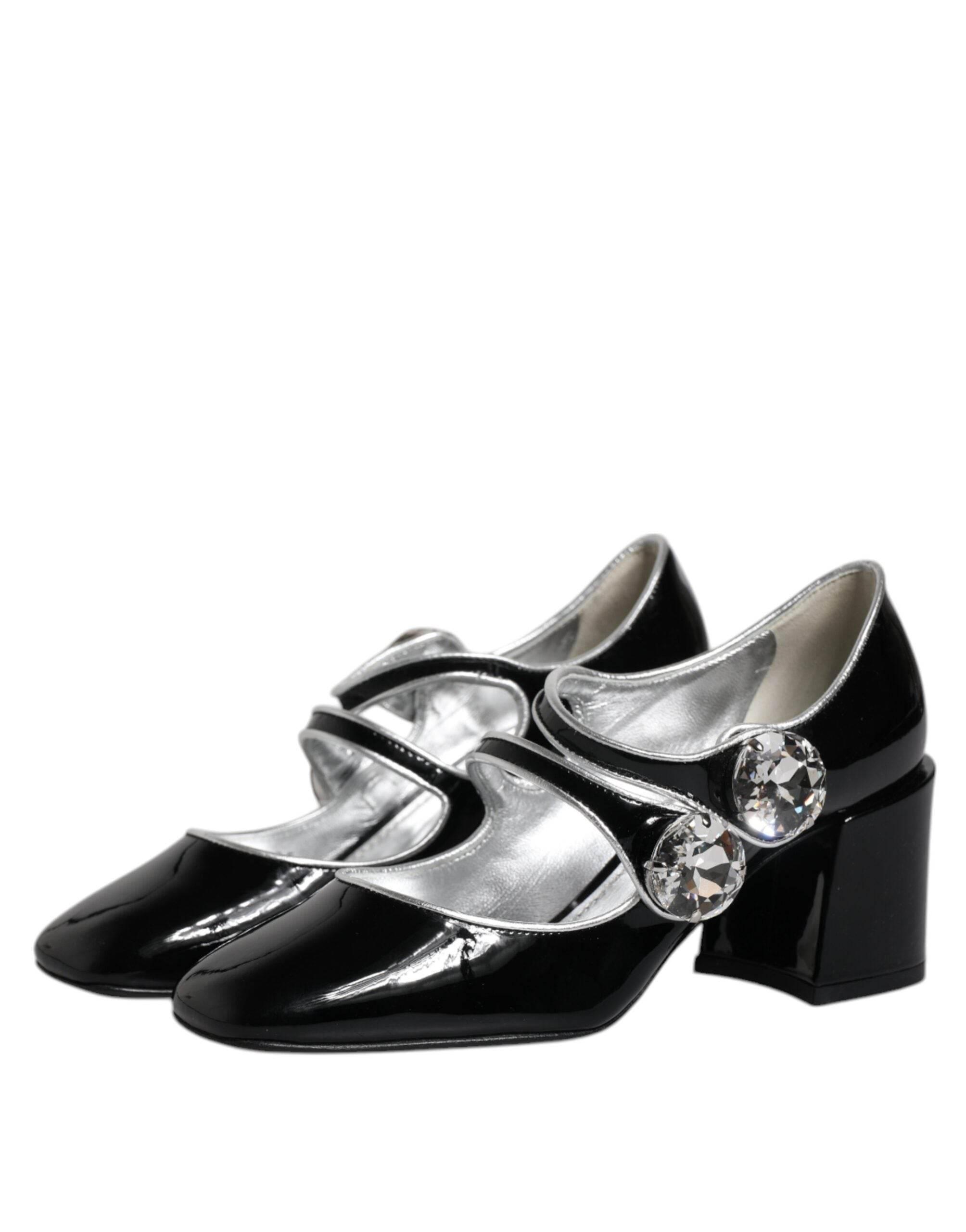 Dolce & Gabbana Black Patent Leather Crystal Mary Jane Pumps Shoes - Hilstor