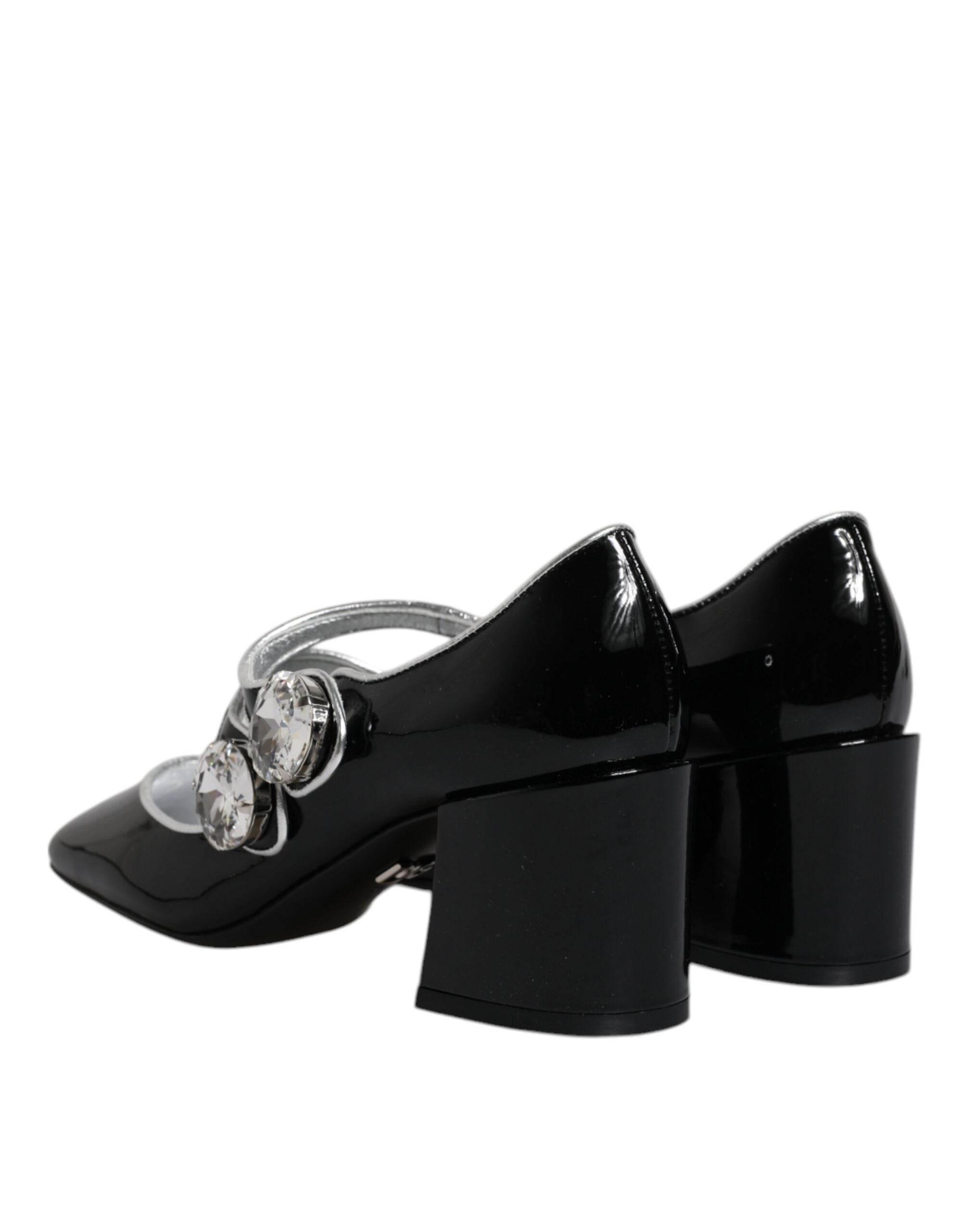 Dolce & Gabbana Black Patent Leather Crystal Mary Jane Pumps Shoes - Hilstor