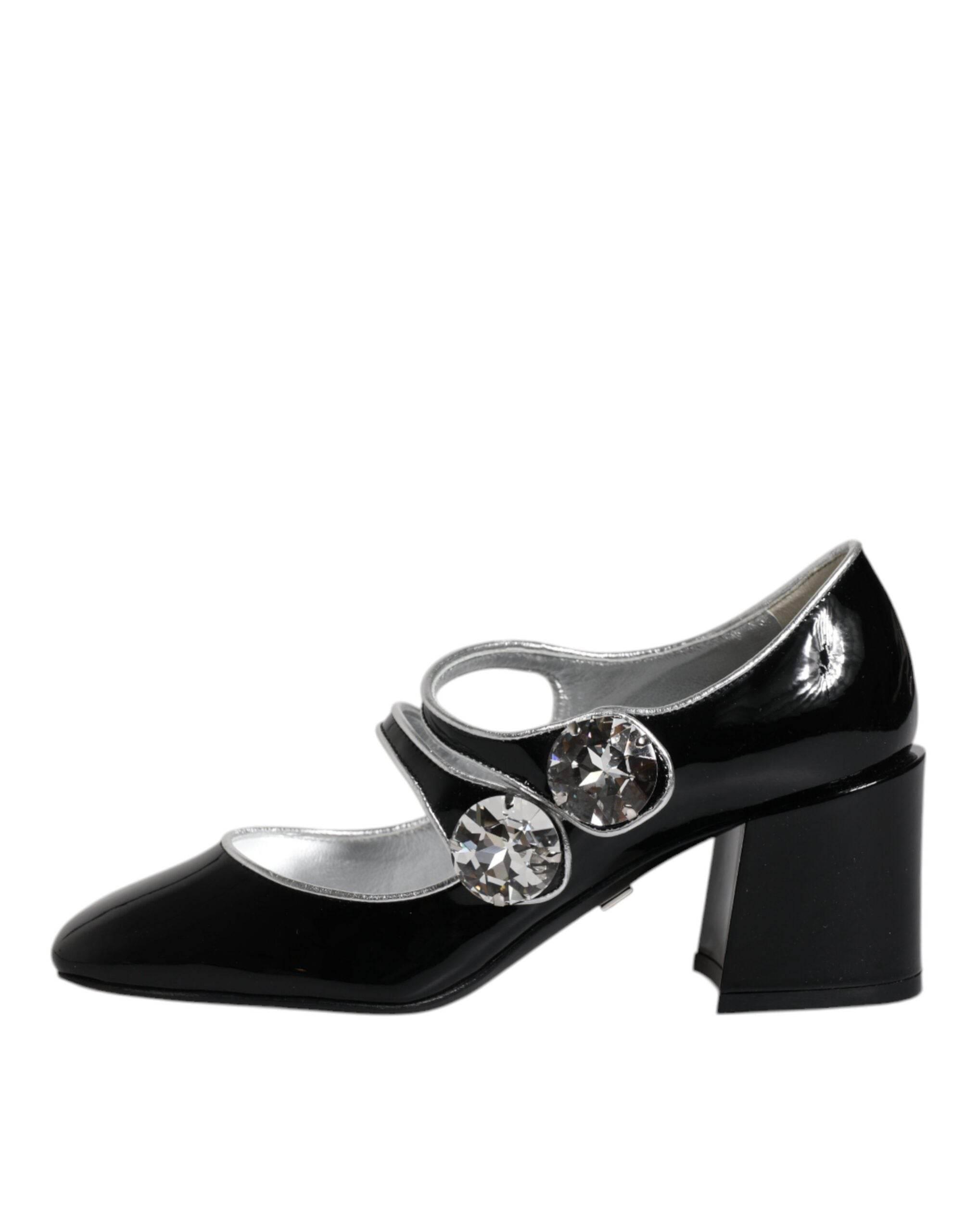 Dolce & Gabbana Black Patent Leather Crystal Mary Jane Pumps Shoes - Hilstor