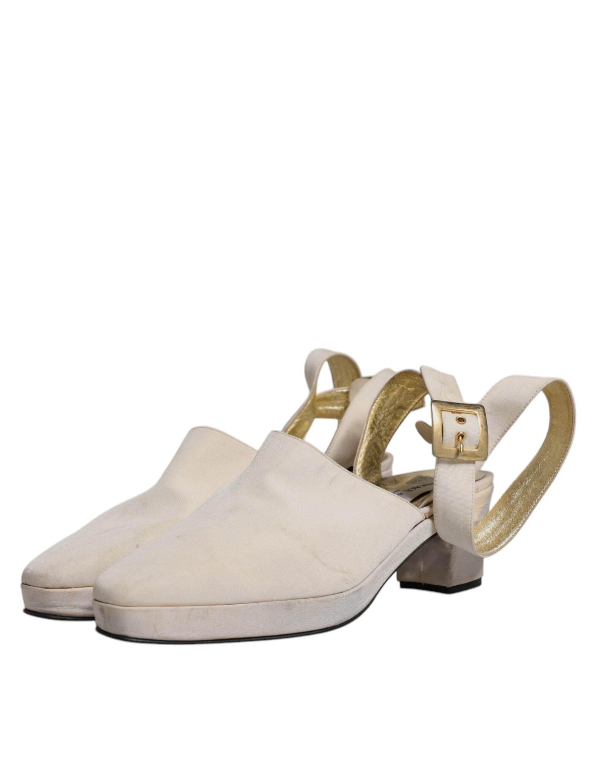 Dolce & Gabbana Off White Block Heels Slingback Sandals Shoes - Hilstor