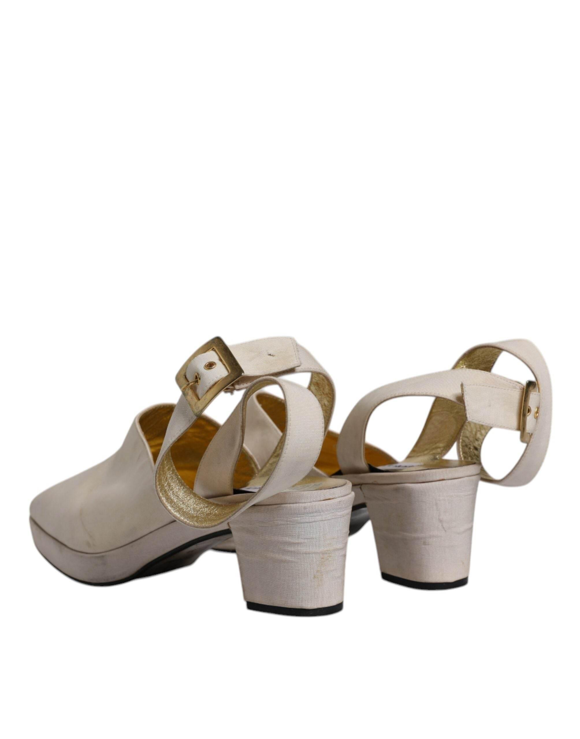 Dolce & Gabbana Off White Block Heels Slingback Sandals Shoes - Hilstor