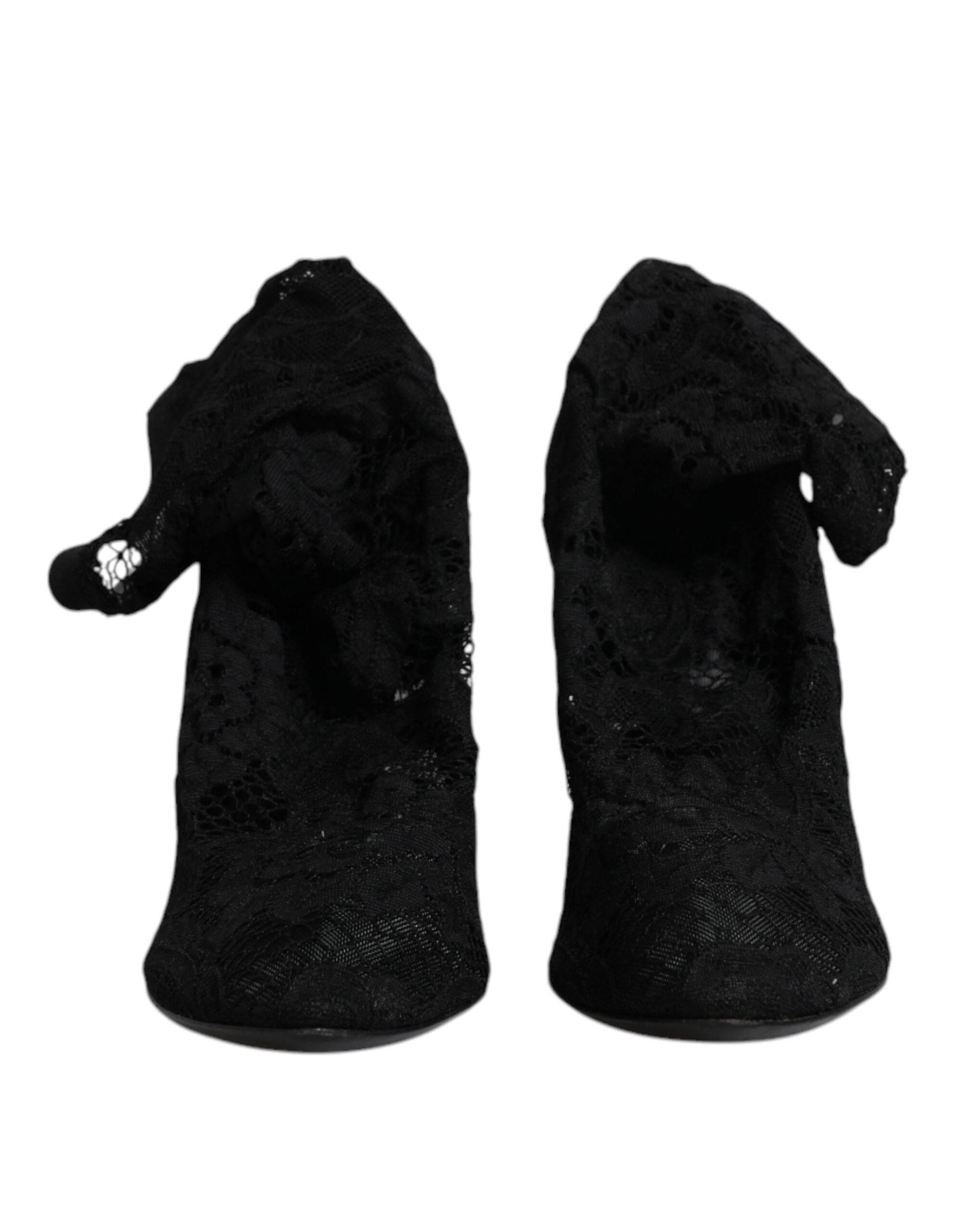 Dolce & Gabbana Black Lace Stretch Heels Mid Calf Boots Shoes - Hilstor