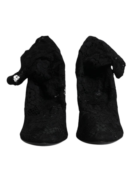 Dolce & Gabbana Black Lace Stretch Heels Mid Calf Boots Shoes - Hilstor
