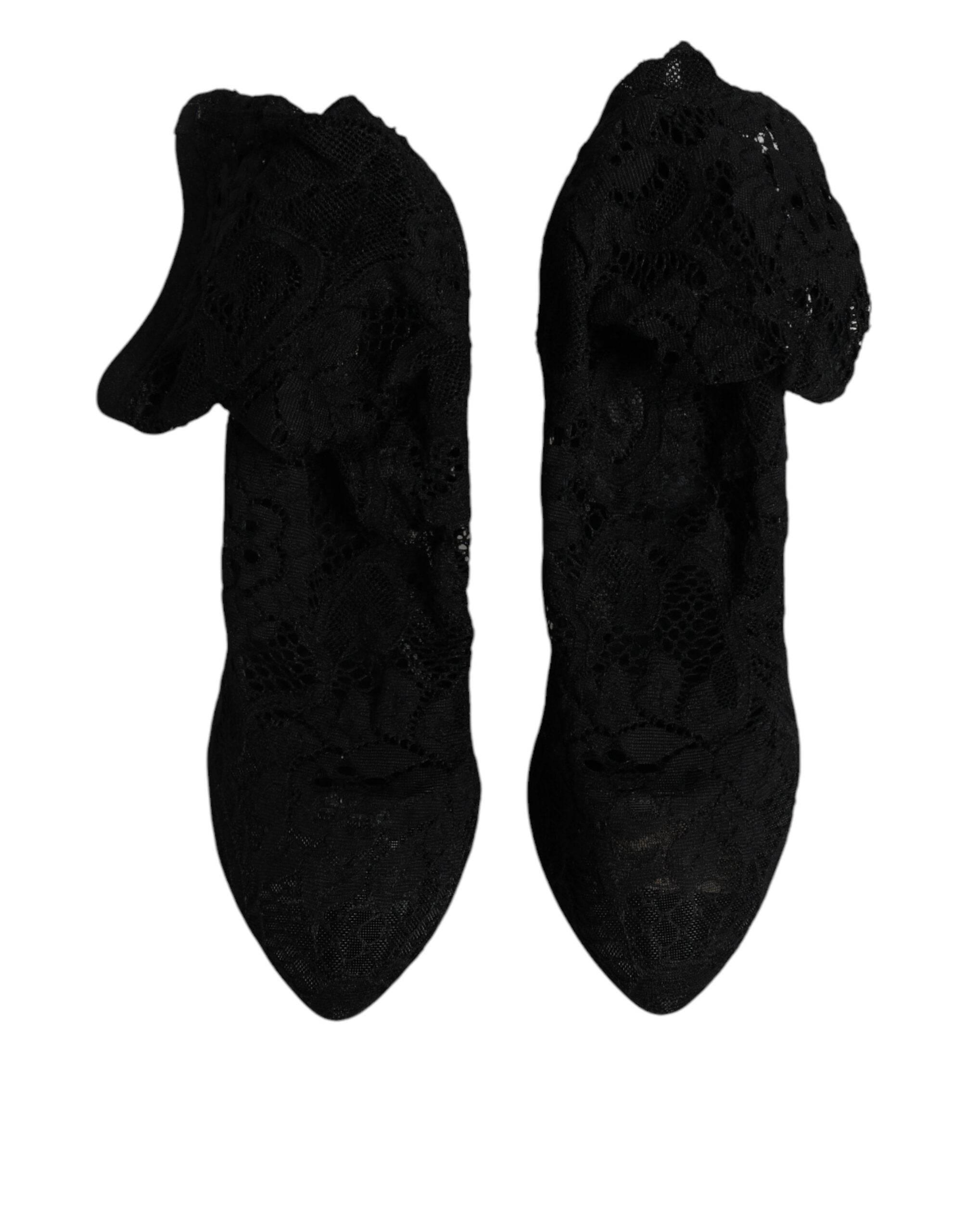 Dolce & Gabbana Black Lace Stretch Heels Mid Calf Boots Shoes - Hilstor