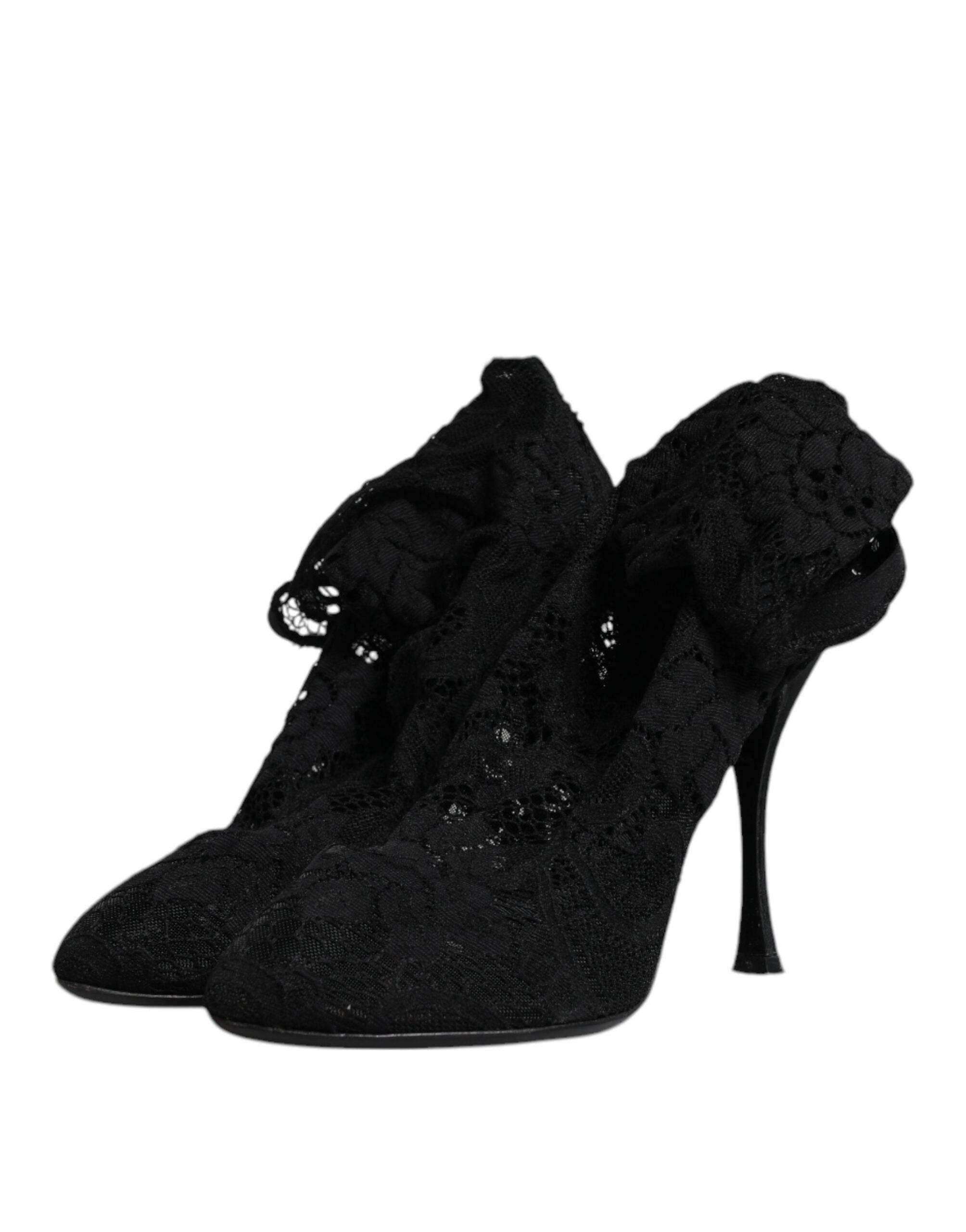 Dolce & Gabbana Black Lace Stretch Heels Mid Calf Boots Shoes - Hilstor