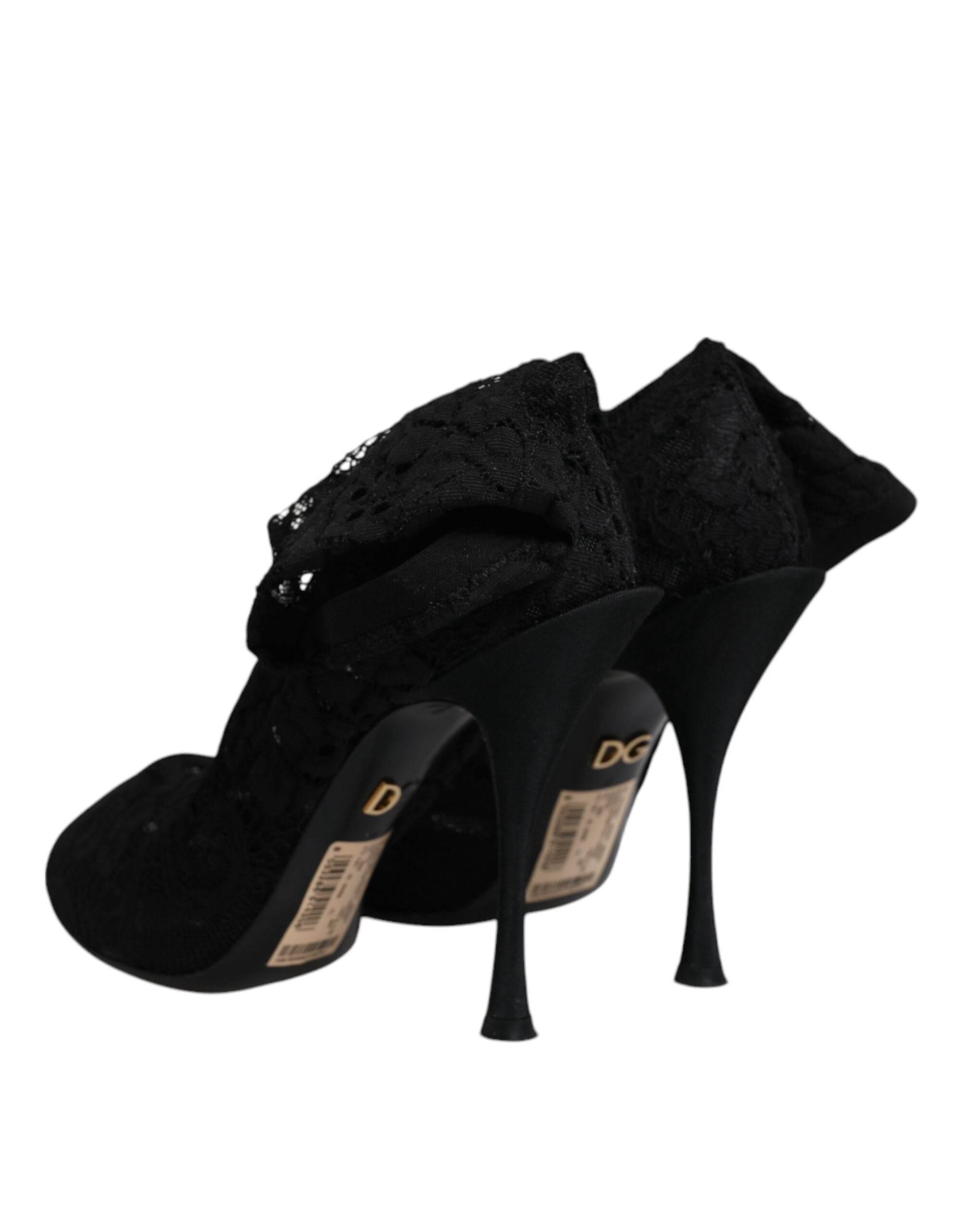Dolce & Gabbana Black Lace Stretch Heels Mid Calf Boots Shoes - Hilstor