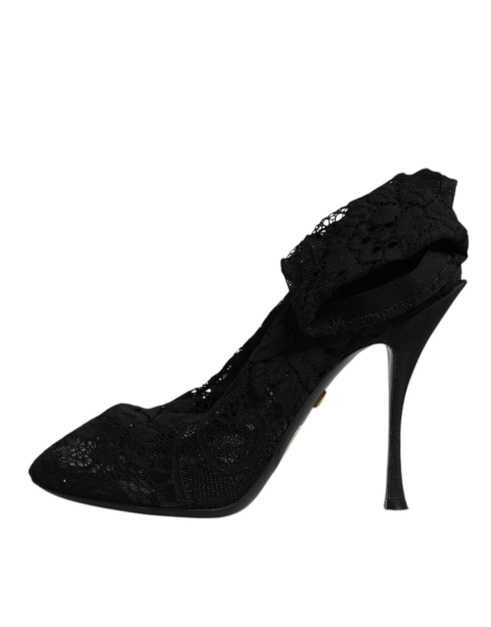 Dolce & Gabbana Black Lace Stretch Heels Mid Calf Boots Shoes - Hilstor