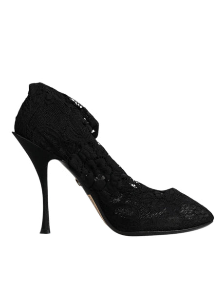 Dolce & Gabbana Black Lace Stretch Heels Mid Calf Boots Shoes - Hilstor