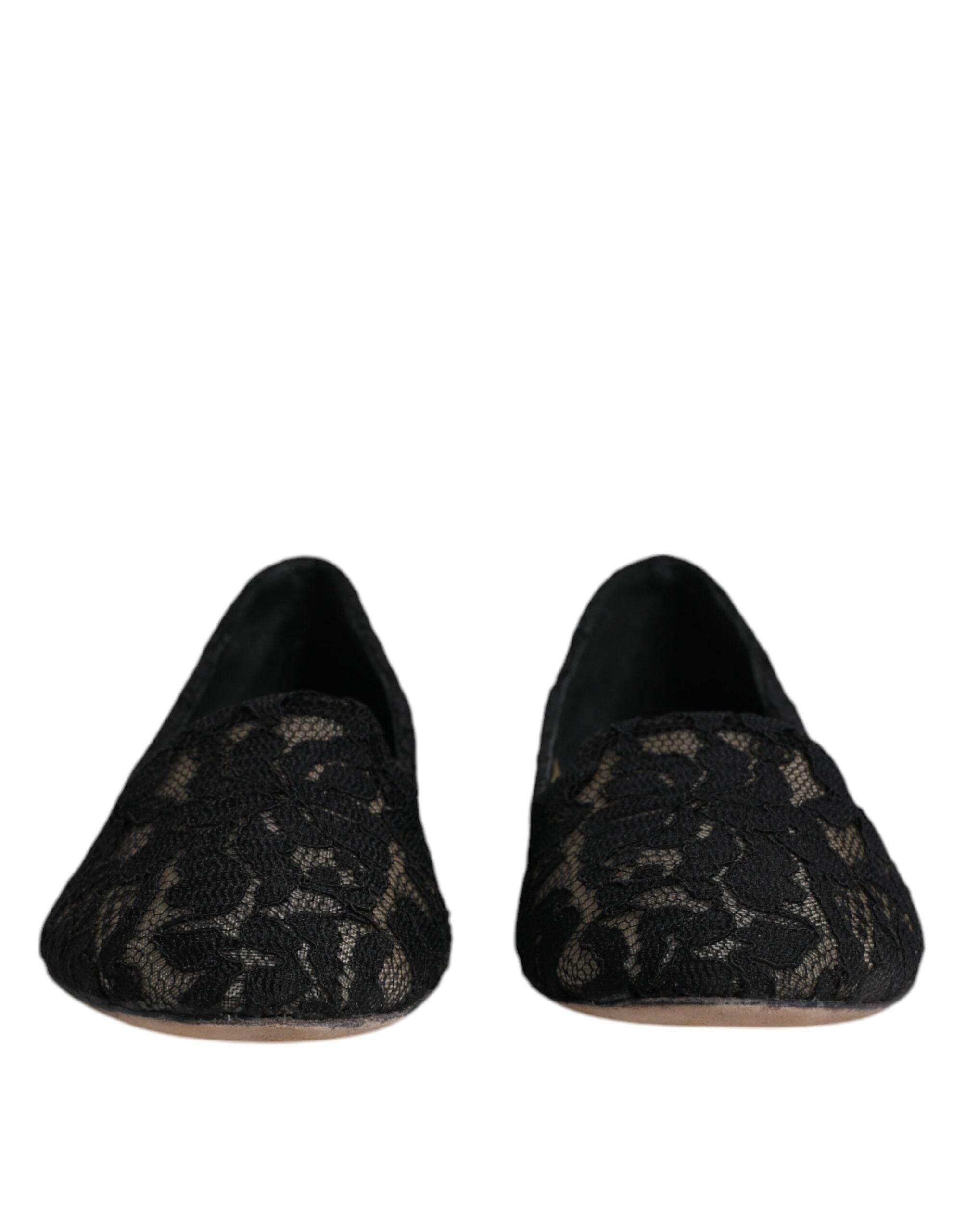 Dolce & Gabbana Black Taormina Lace Slip On Flats Shoes - Hilstor