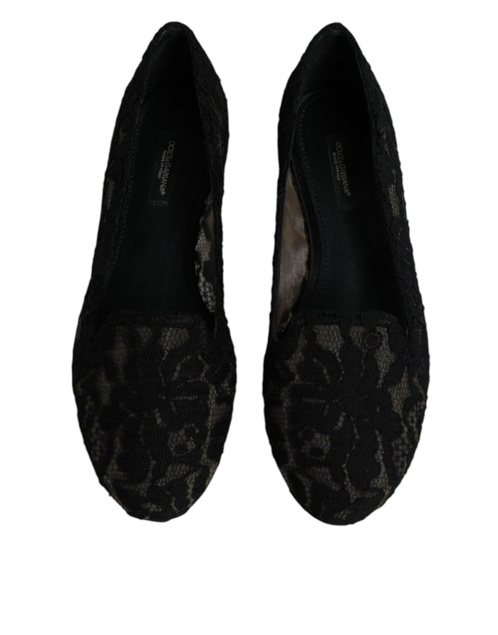 Dolce & Gabbana Black Taormina Lace Slip On Flats Shoes - Hilstor