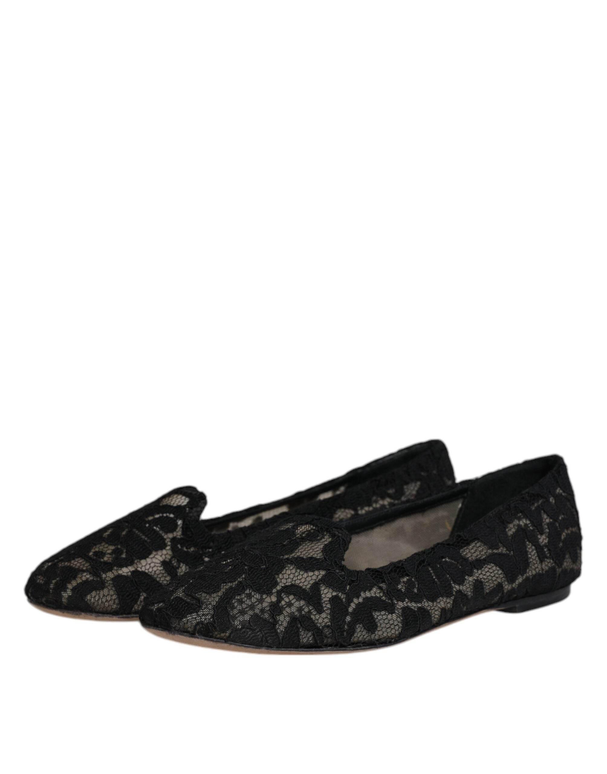 Dolce & Gabbana Black Taormina Lace Slip On Flats Shoes - Hilstor