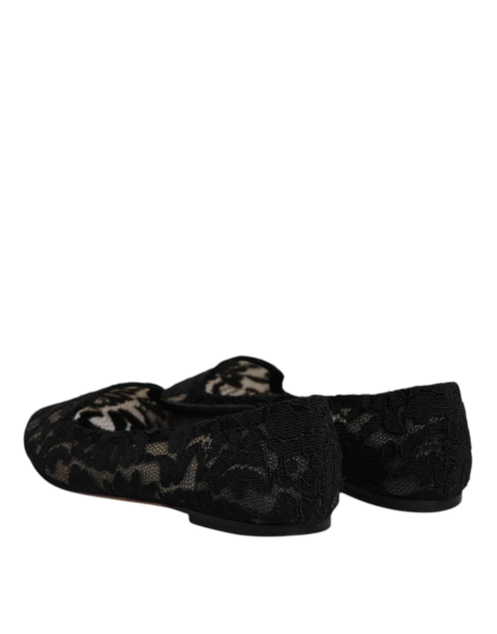 Dolce & Gabbana Black Taormina Lace Slip On Flats Shoes - Hilstor