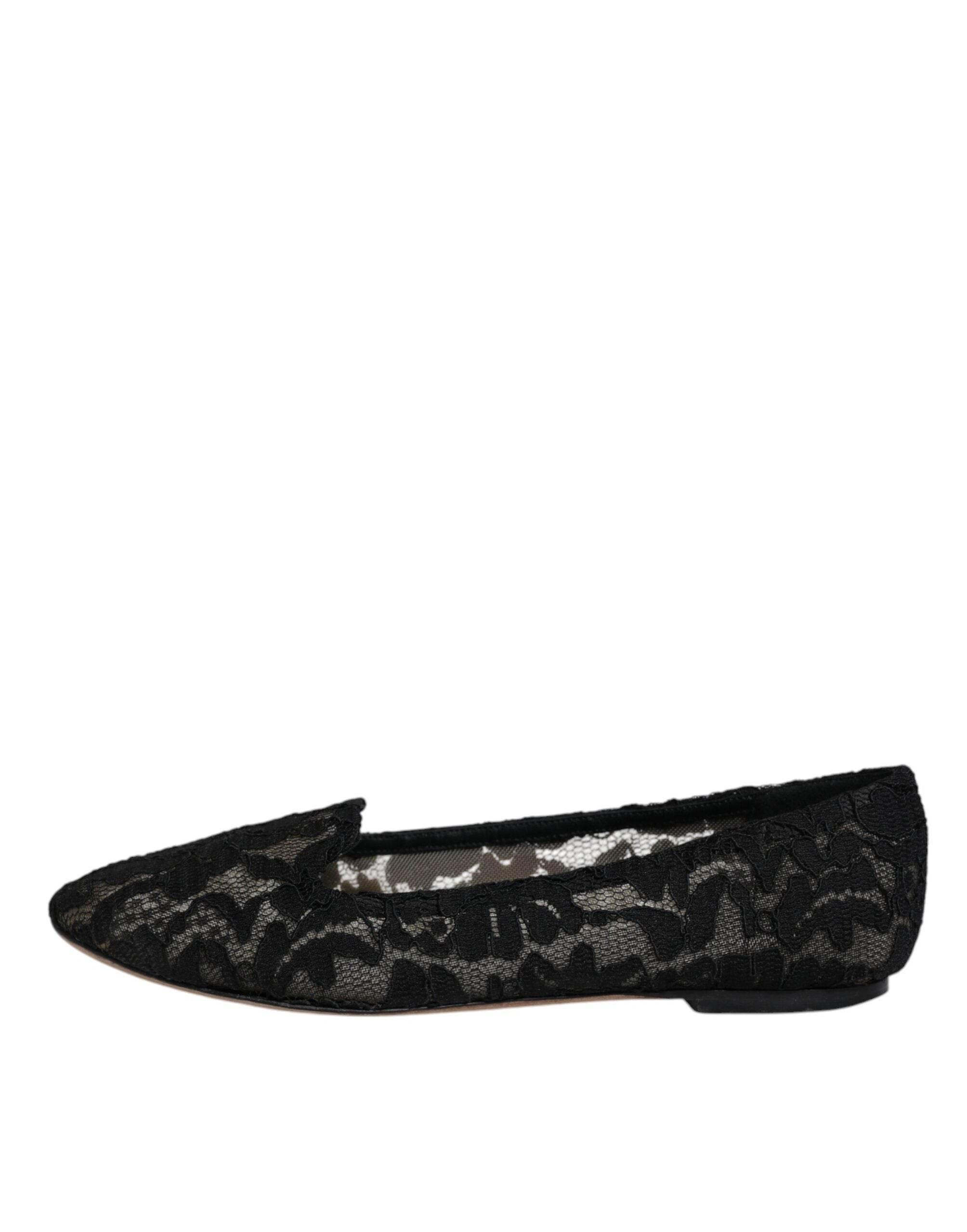 Dolce & Gabbana Black Taormina Lace Slip On Flats Shoes - Hilstor