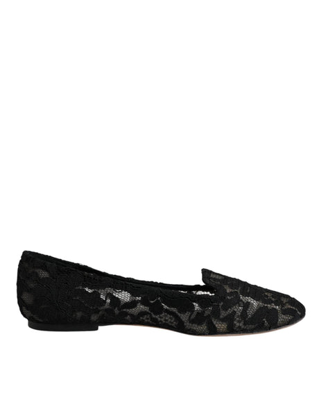 Dolce & Gabbana Black Taormina Lace Slip On Flats Shoes - Hilstor
