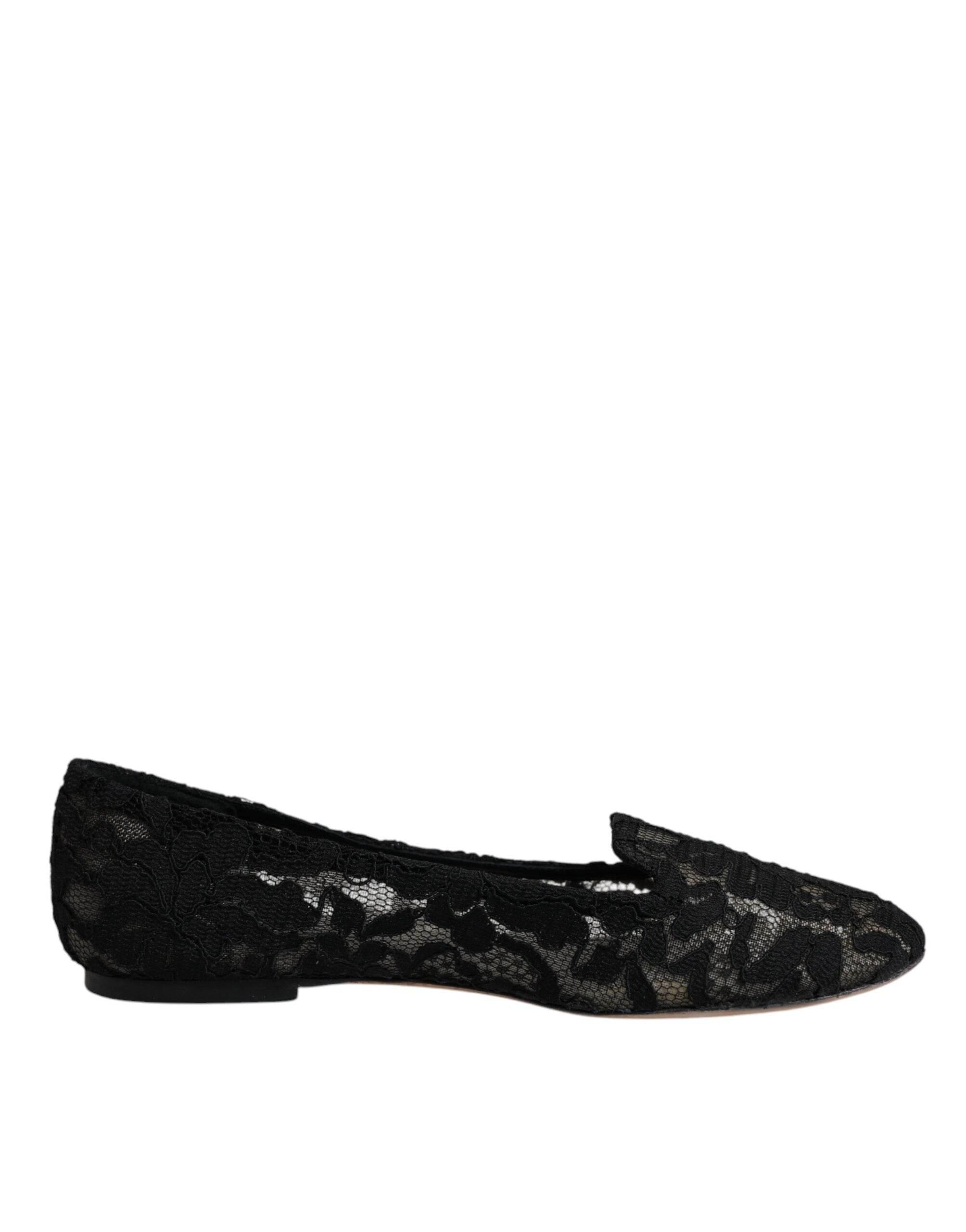 Dolce & Gabbana Black Taormina Lace Slip On Flats Shoes - Hilstor