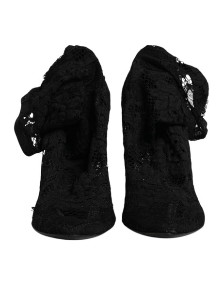 Dolce & Gabbana Black Lace Stretch Heels Mid Calf Boots Shoes - Hilstor