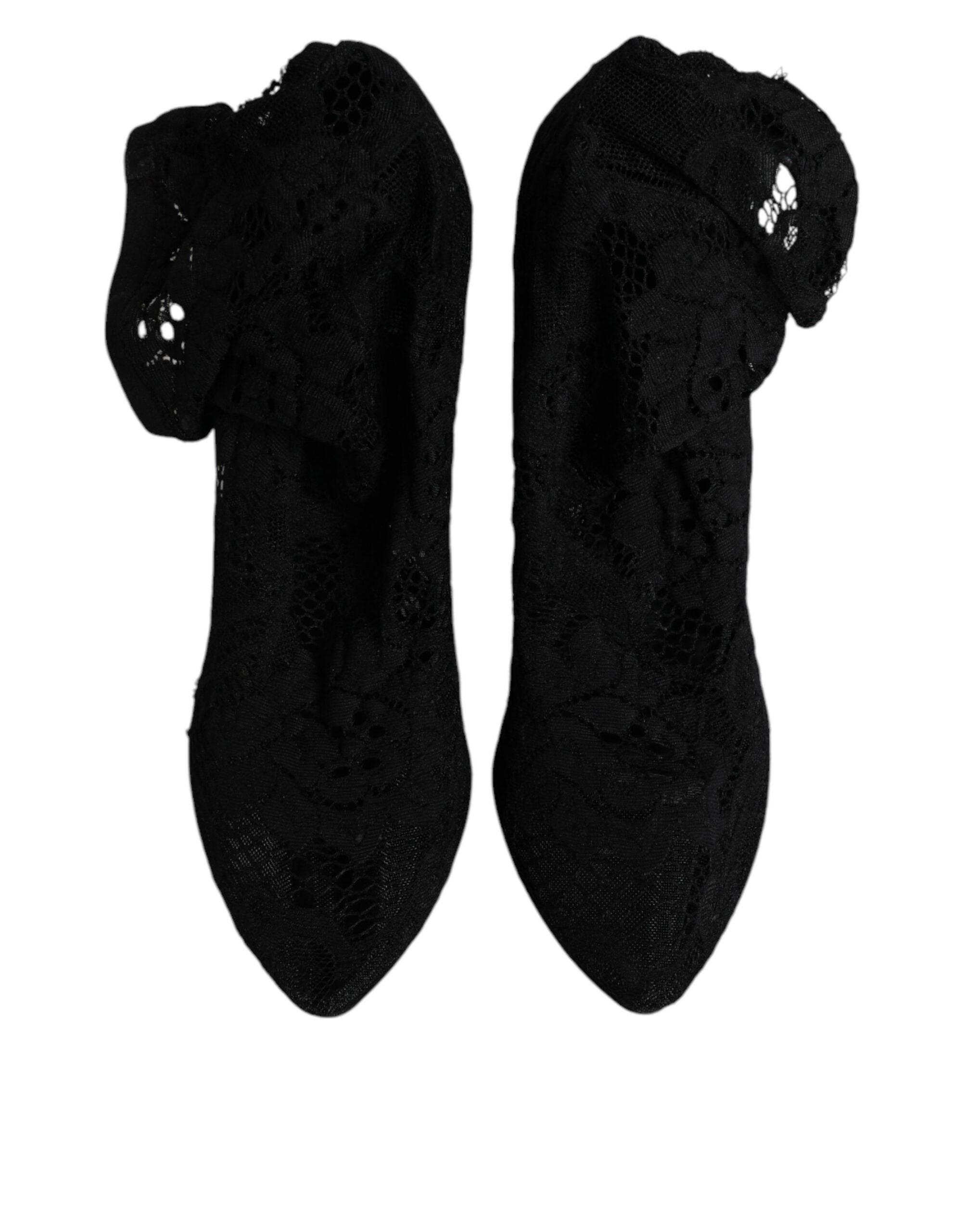 Dolce & Gabbana Black Lace Stretch Heels Mid Calf Boots Shoes - Hilstor
