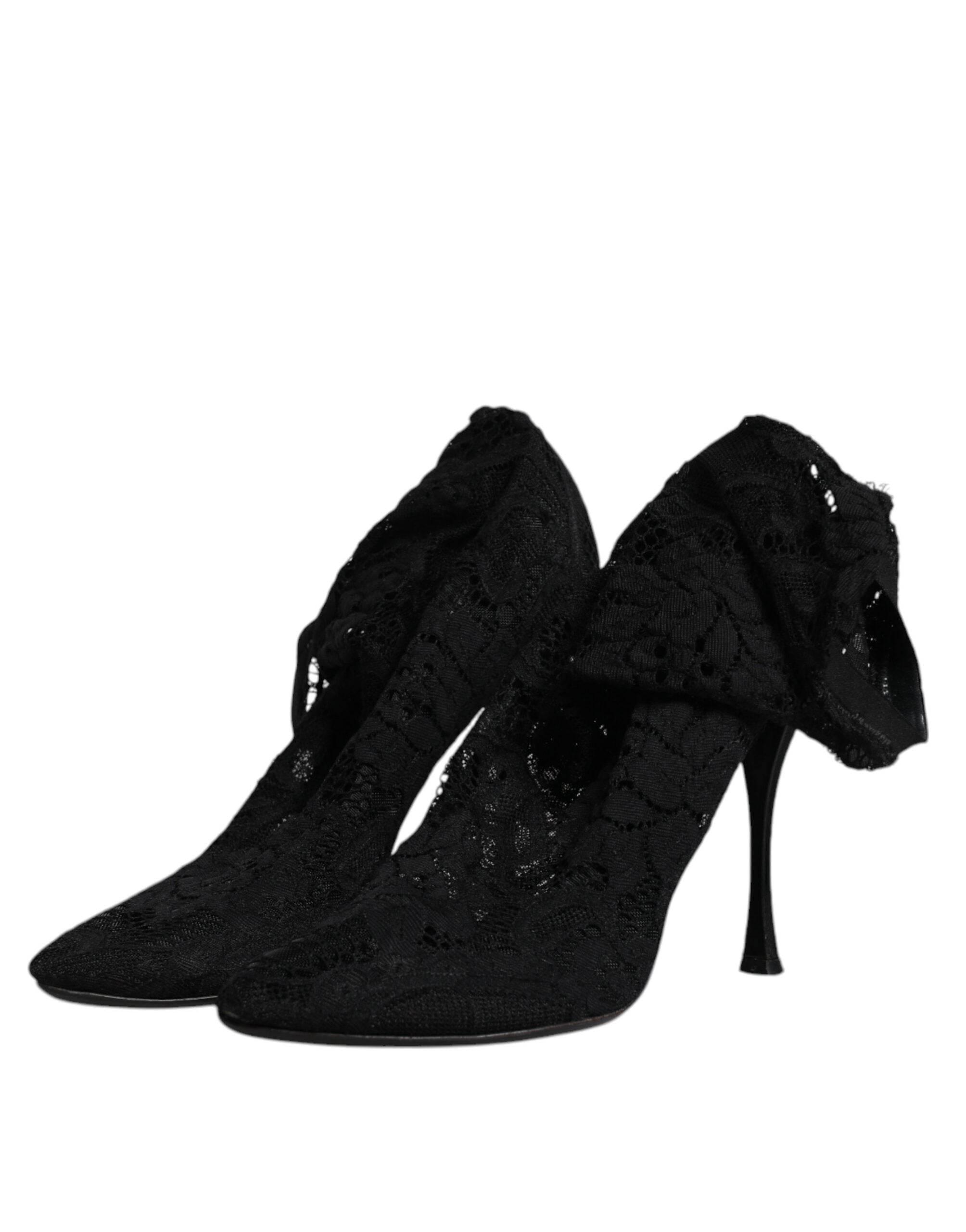 Dolce & Gabbana Black Lace Stretch Heels Mid Calf Boots Shoes - Hilstor