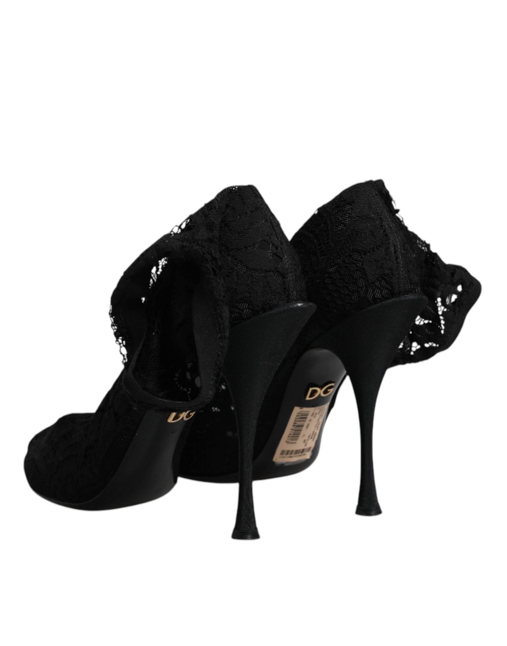 Dolce & Gabbana Black Lace Stretch Heels Mid Calf Boots Shoes - Hilstor
