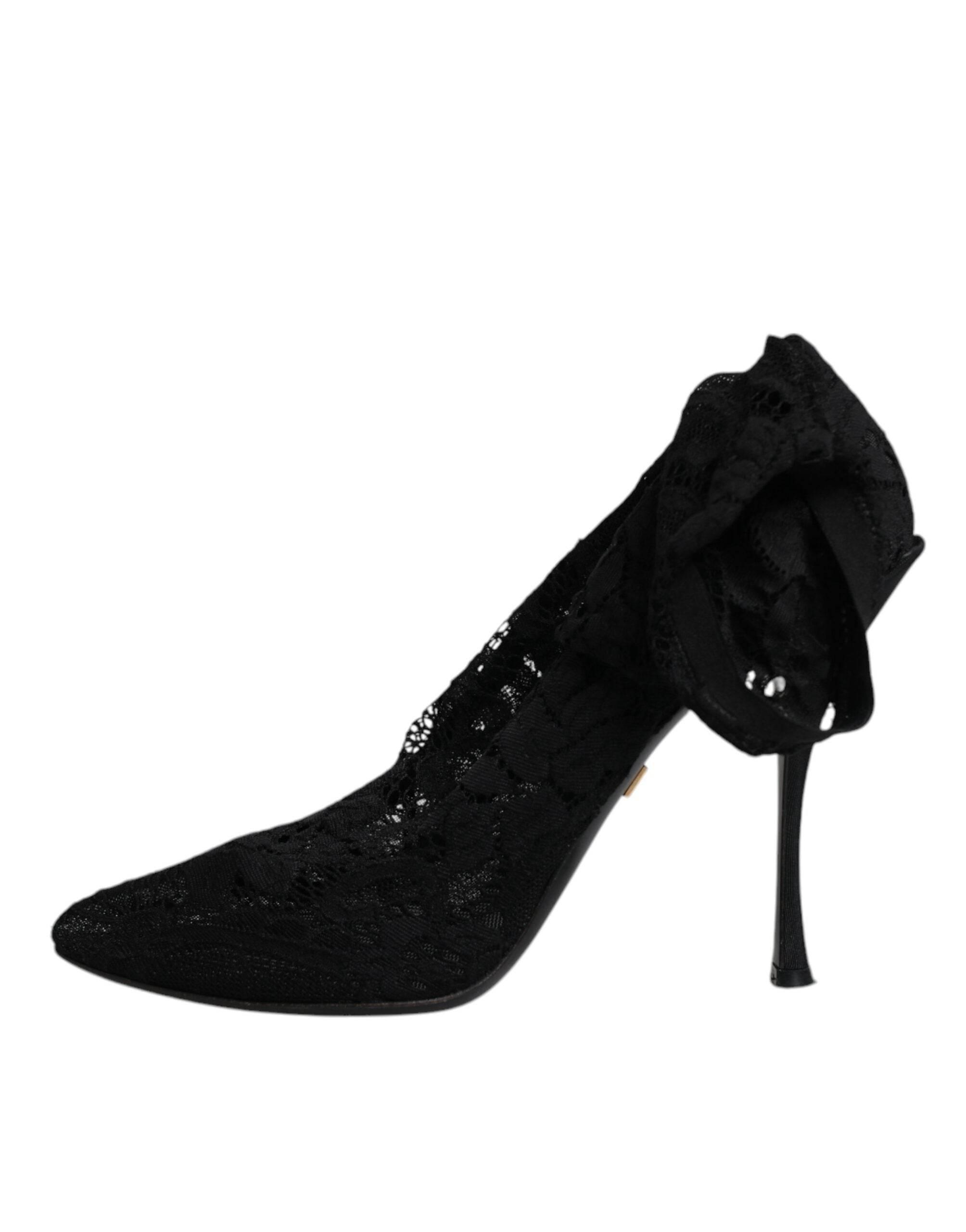 Dolce & Gabbana Black Lace Stretch Heels Mid Calf Boots Shoes - Hilstor