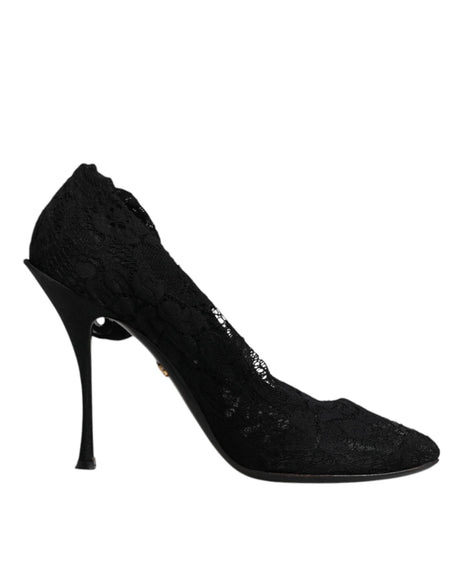 Dolce & Gabbana Black Lace Stretch Heels Mid Calf Boots Shoes - Hilstor