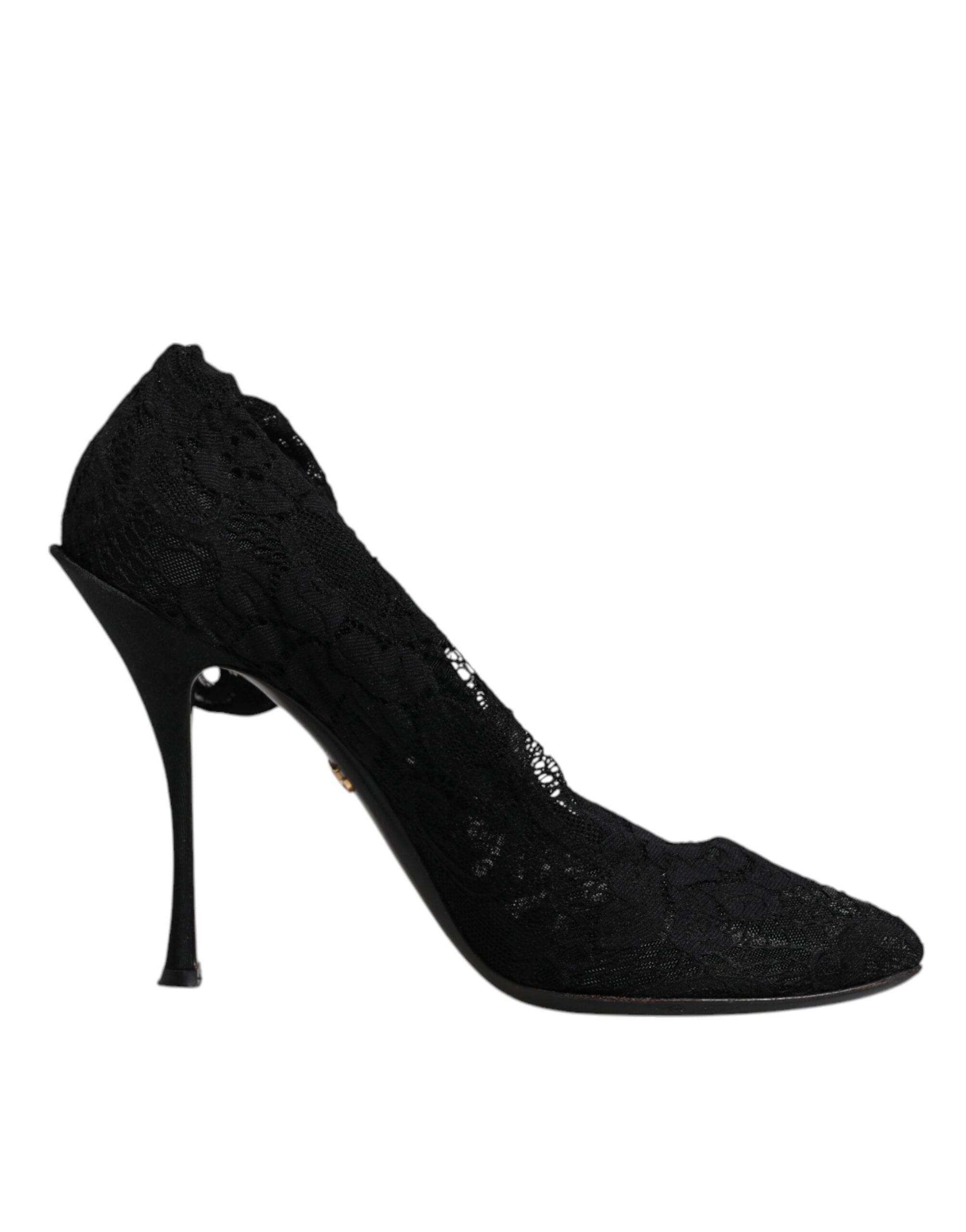 Dolce & Gabbana Black Lace Stretch Heels Mid Calf Boots Shoes - Hilstor