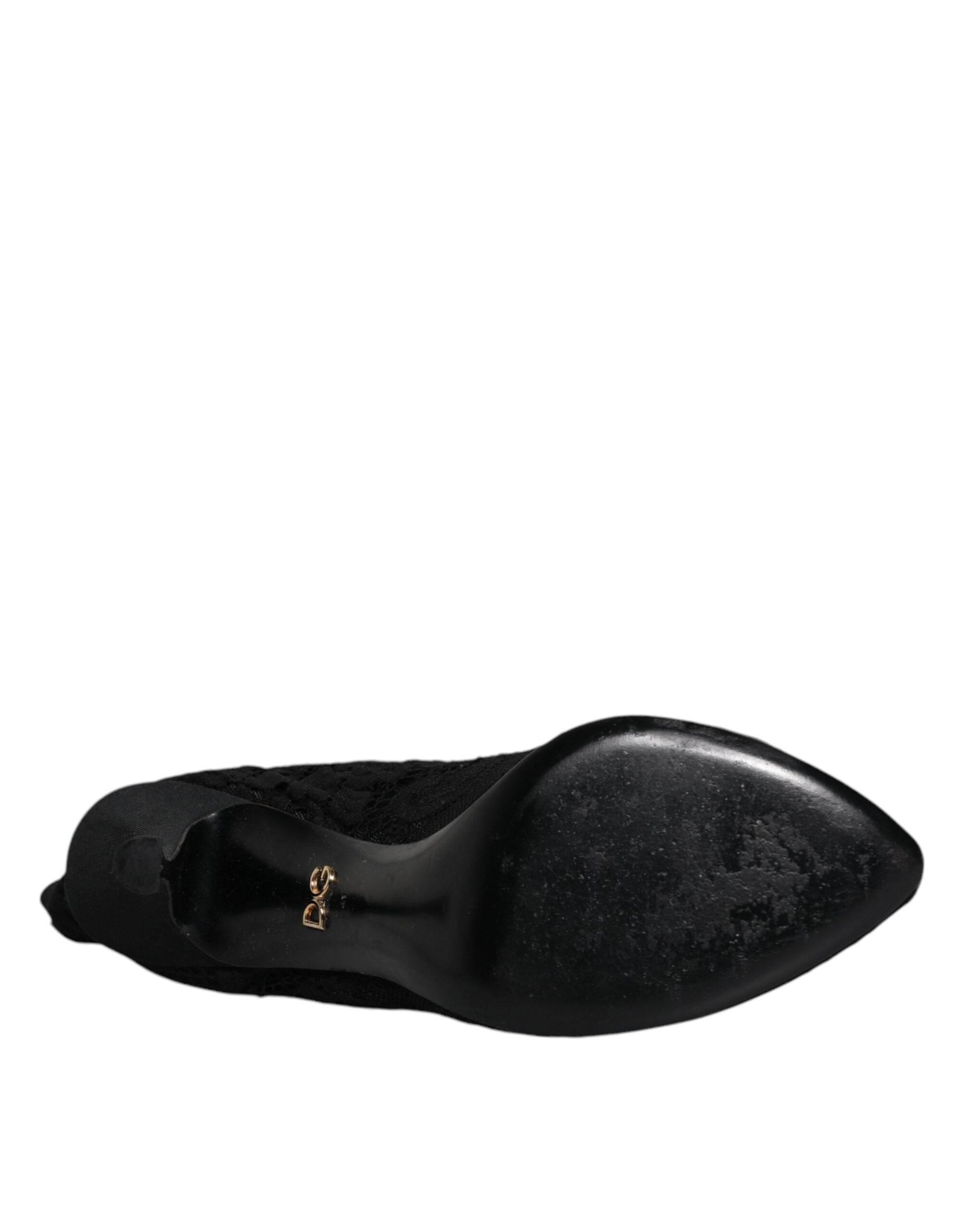 Dolce & Gabbana Black Lace Stretch Heels Mid Calf Boots Shoes - Hilstor
