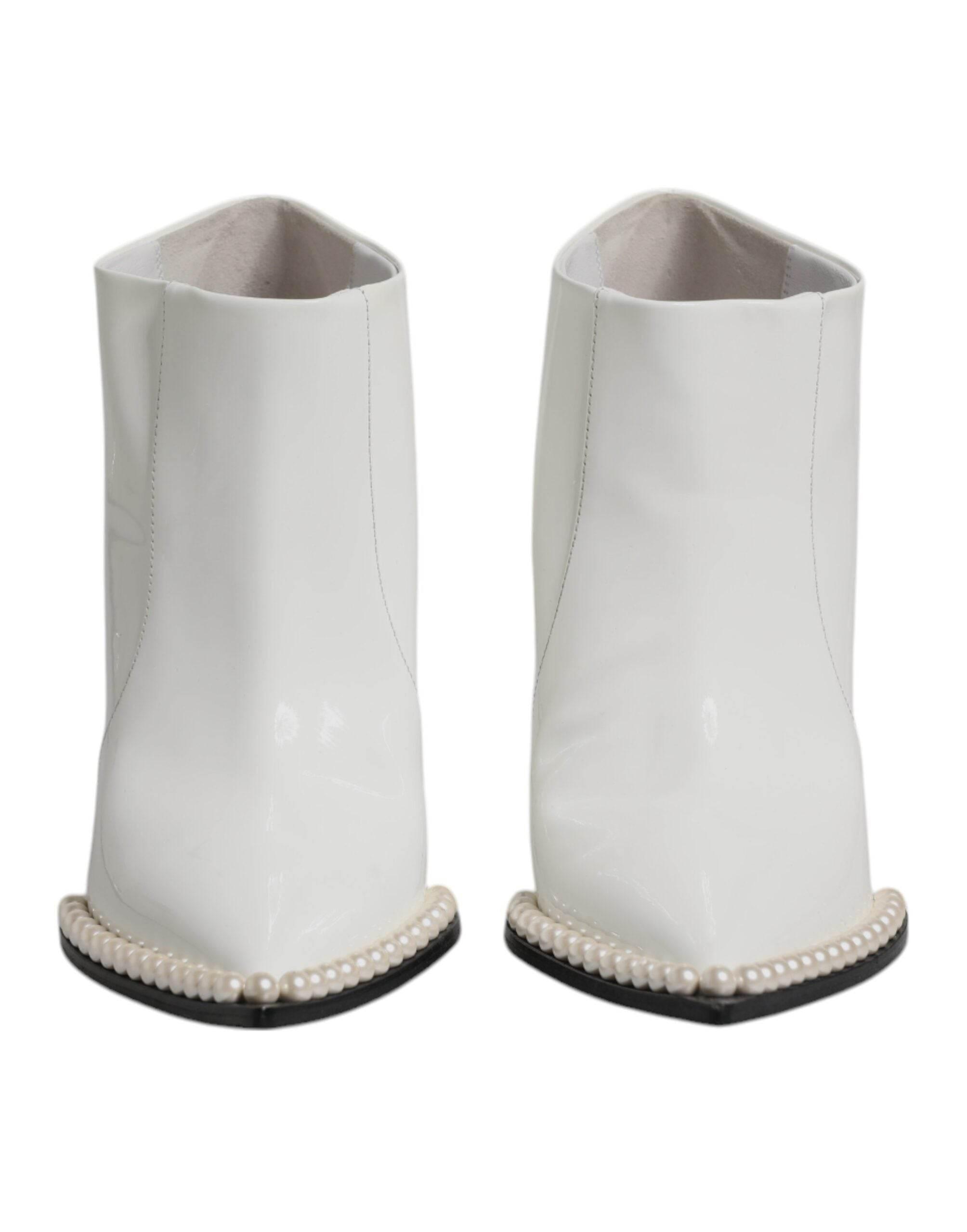 Dolce & Gabbana White Faux Pearl Leather Pointed Toe Ankle Boot Shoes - Hilstor