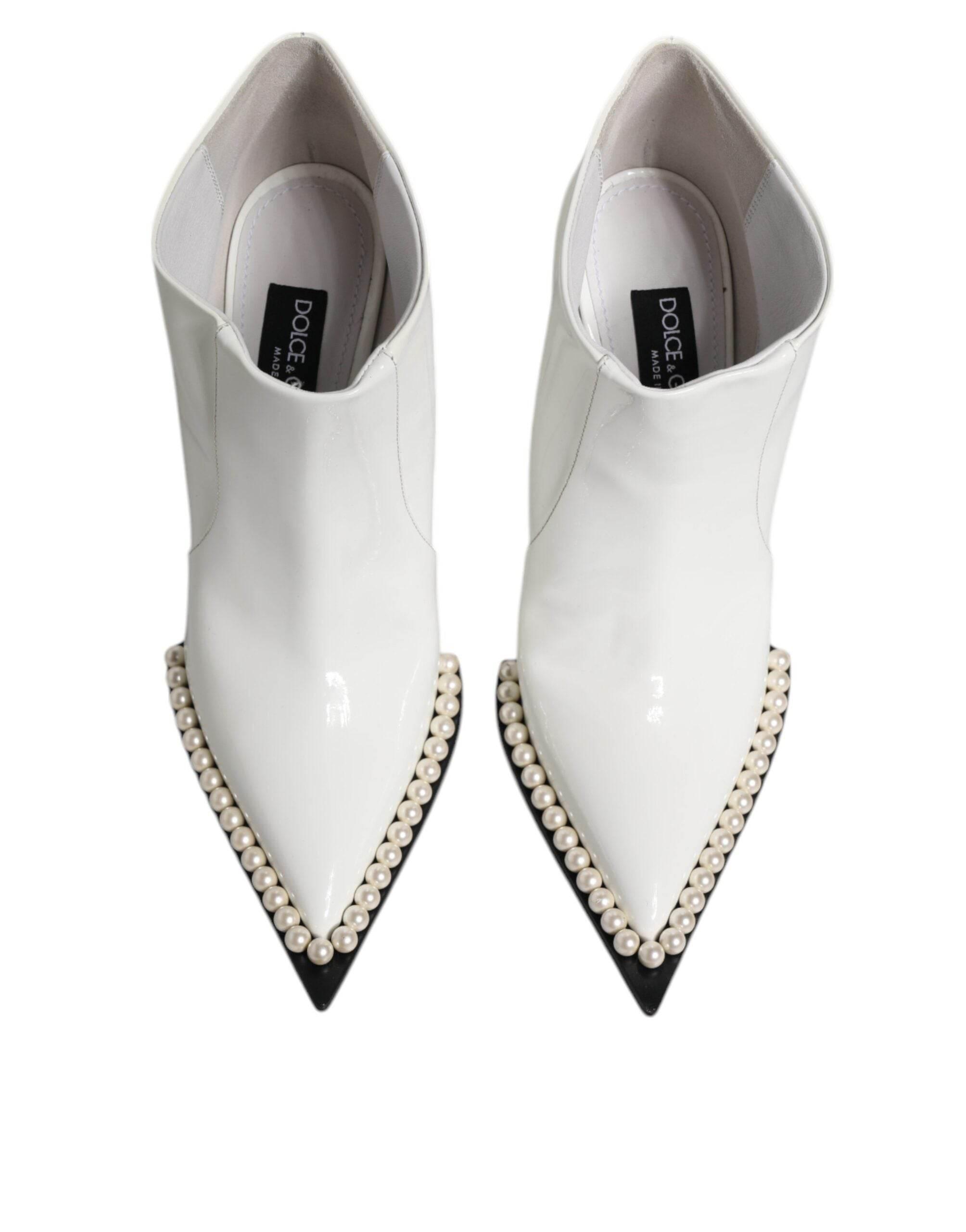 Dolce & Gabbana White Faux Pearl Leather Pointed Toe Ankle Boot Shoes - Hilstor