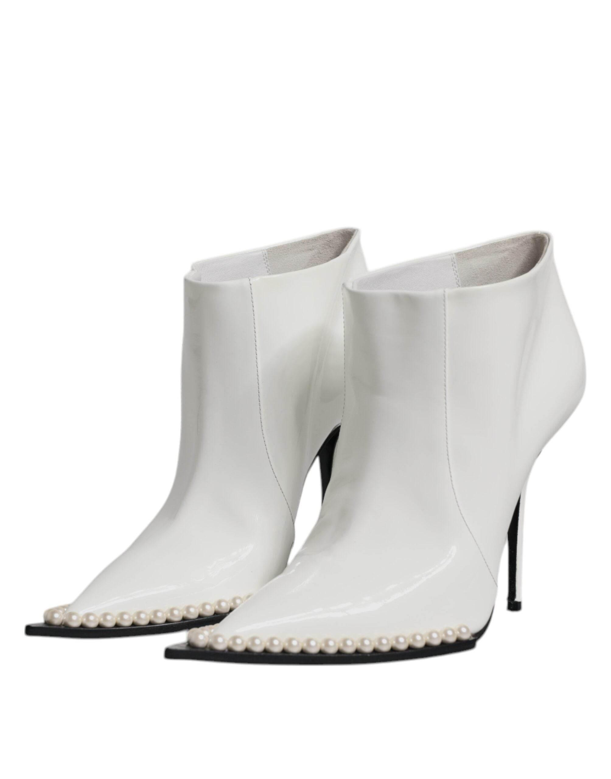 Dolce & Gabbana White Faux Pearl Leather Pointed Toe Ankle Boot Shoes - Hilstor
