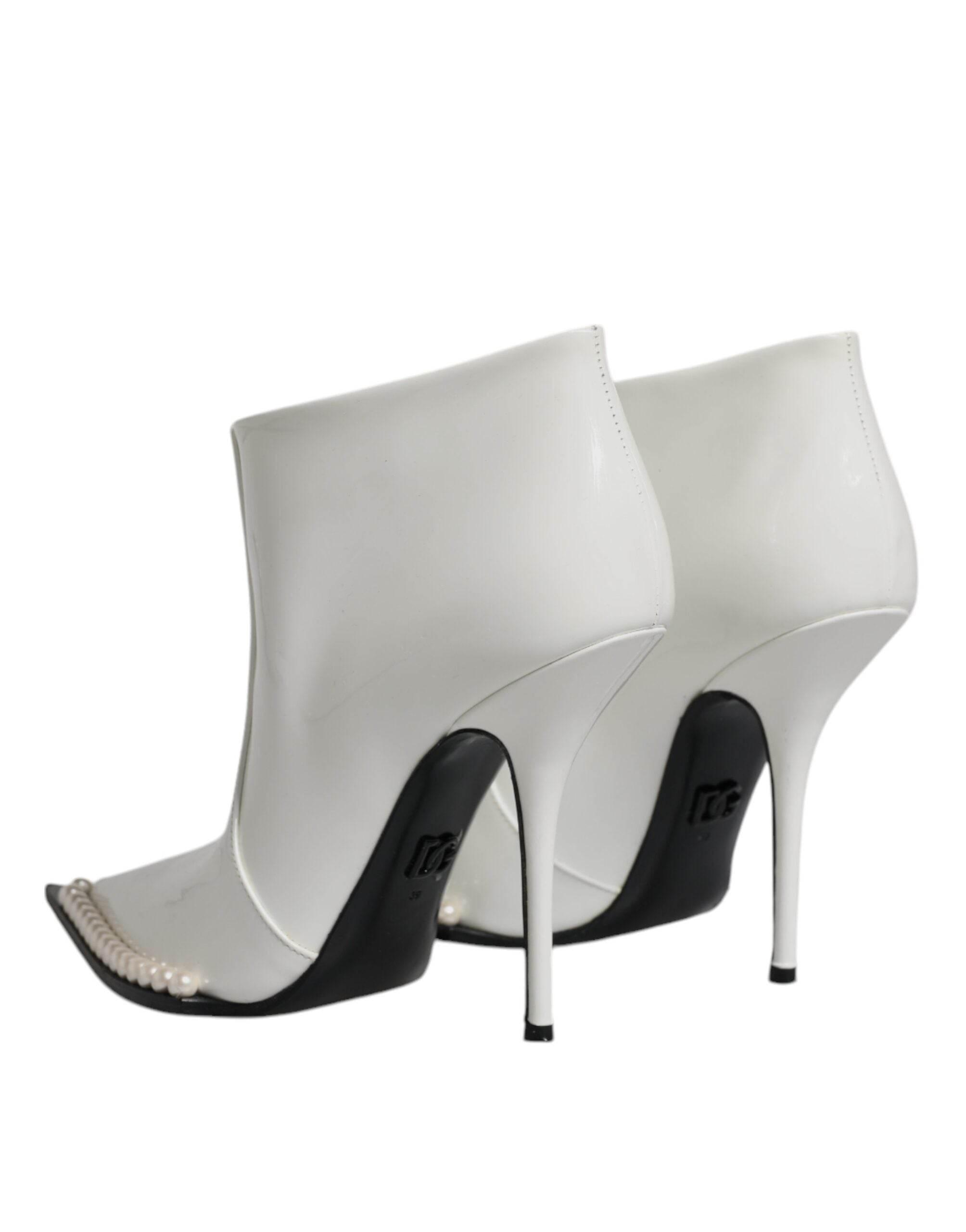 Dolce & Gabbana White Faux Pearl Leather Pointed Toe Ankle Boot Shoes - Hilstor