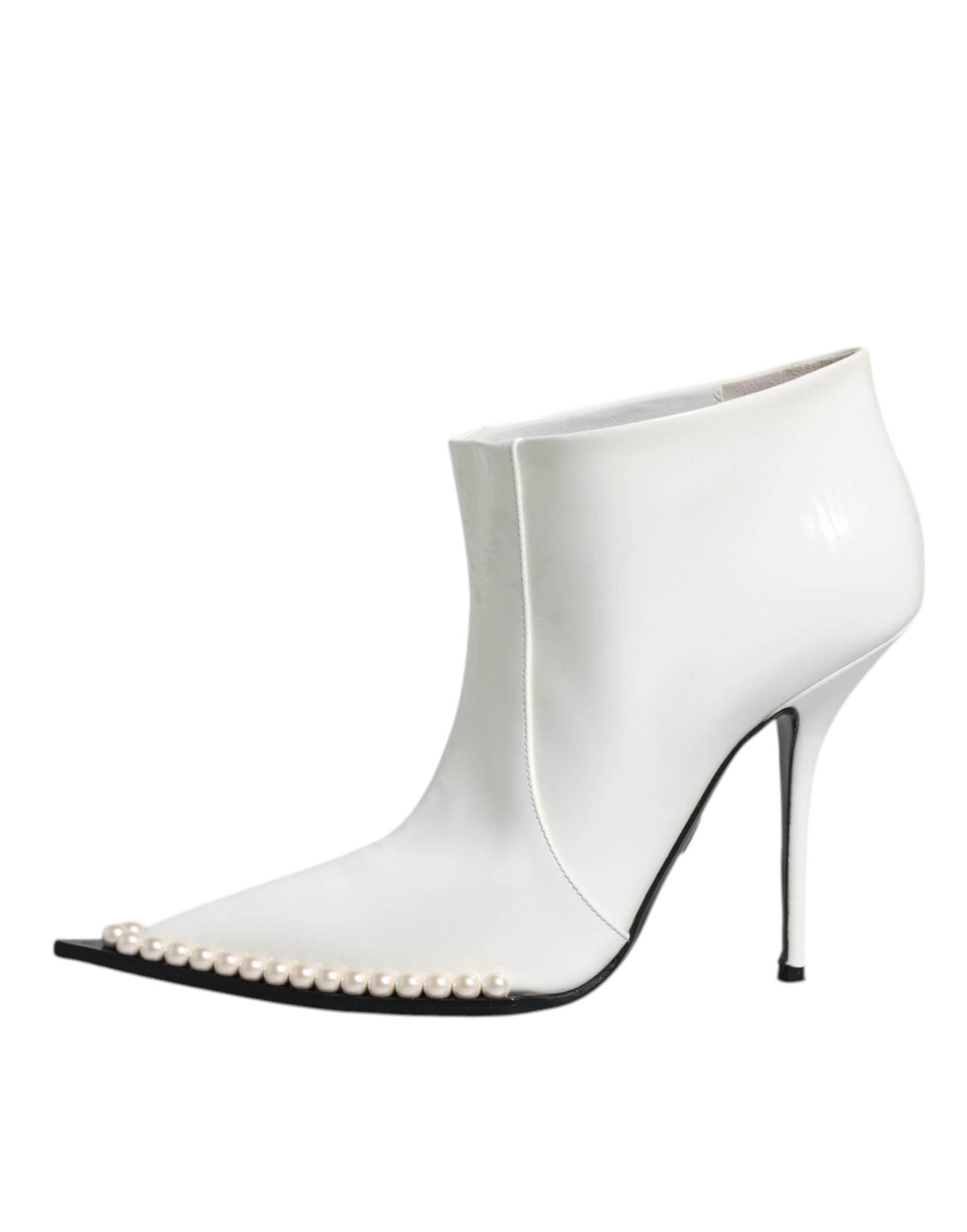 Dolce & Gabbana White Faux Pearl Leather Pointed Toe Ankle Boot Shoes - Hilstor