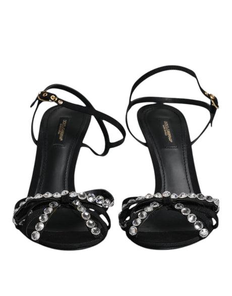 Dolce & Gabbana Black Leather Crystal Bow KEIRA Sandals Shoes - Hilstor