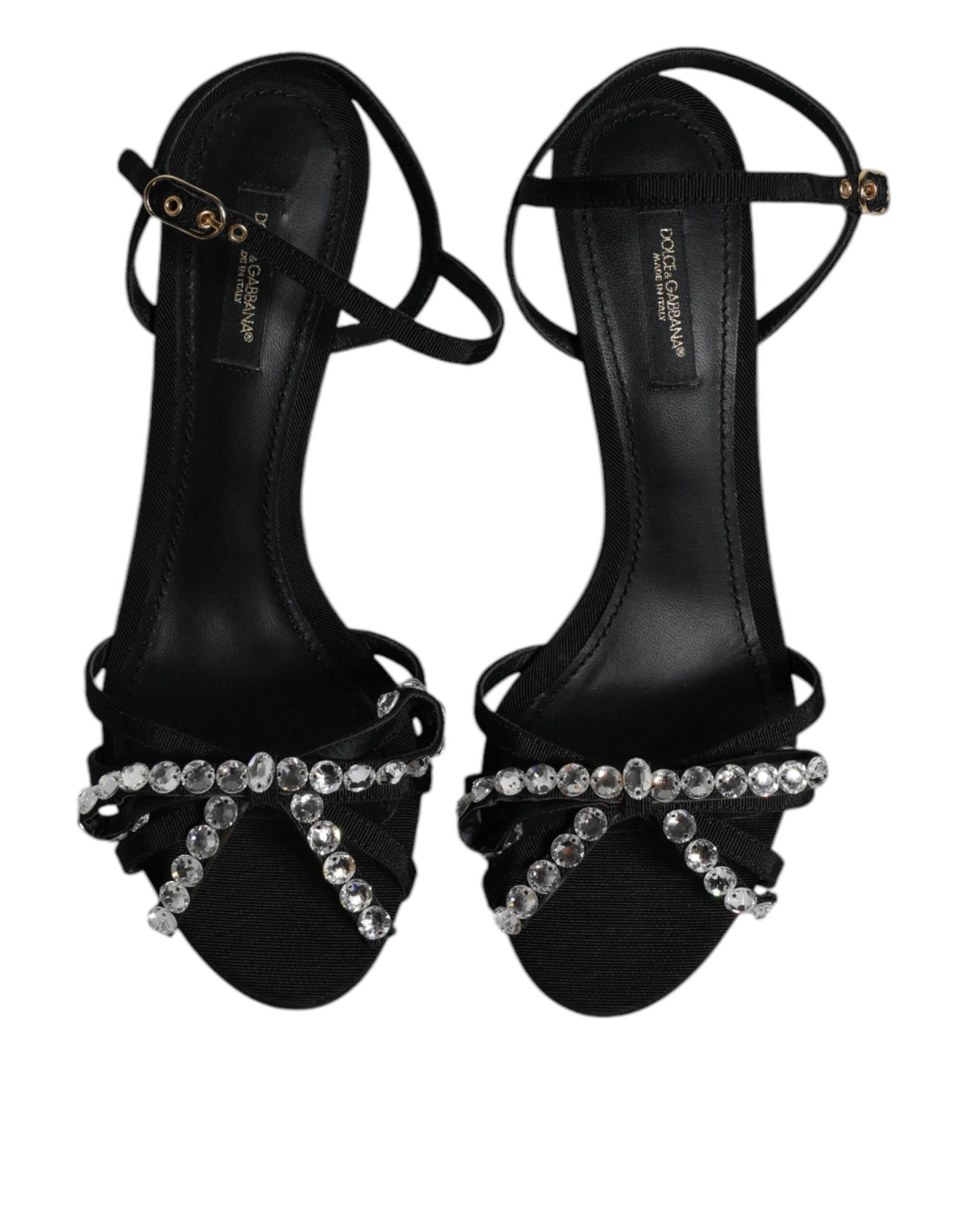 Dolce & Gabbana Black Leather Crystal Bow KEIRA Sandals Shoes - Hilstor
