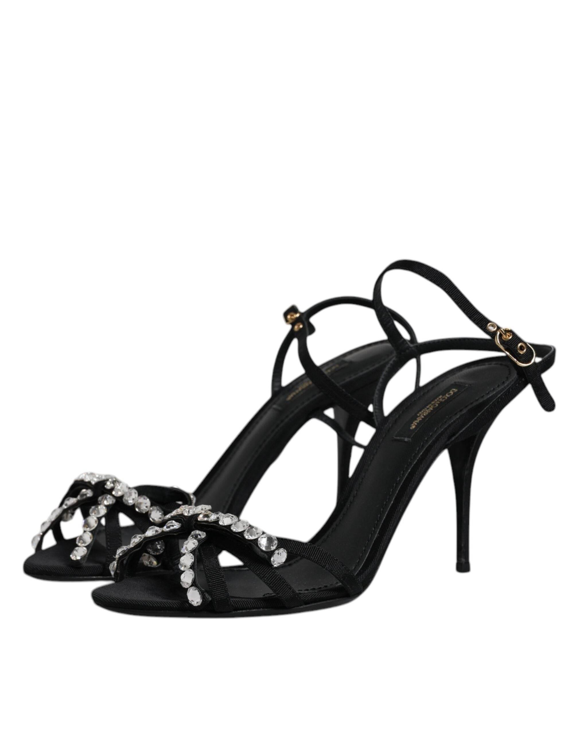Dolce & Gabbana Black Leather Crystal Bow KEIRA Sandals Shoes - Hilstor